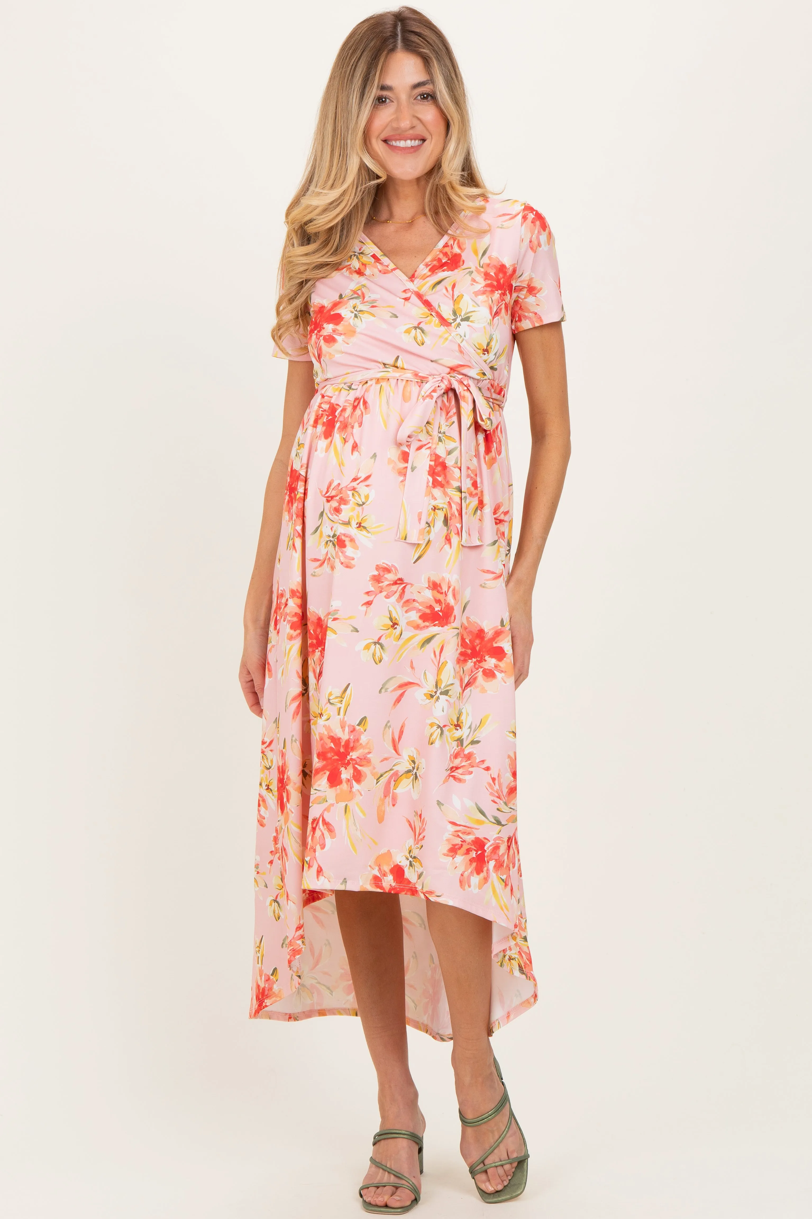 Peach Floral Print Short Sleeve Hi-Low Maternity Wrap Dress sold by Pinkblush product image thumbnail 2