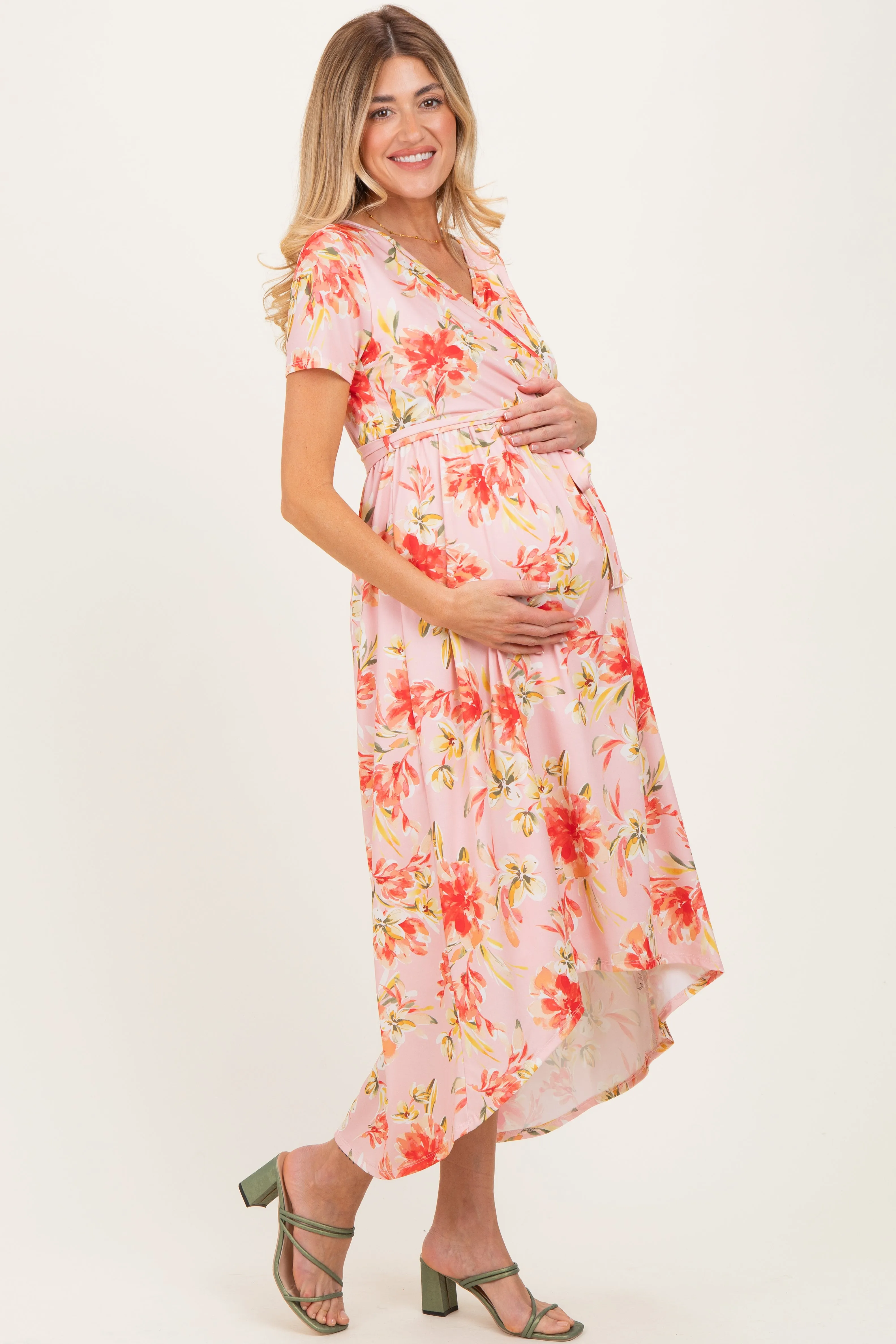 Peach Floral Print Short Sleeve Hi-Low Maternity Wrap Dress sold by Pinkblush product image thumbnail 3