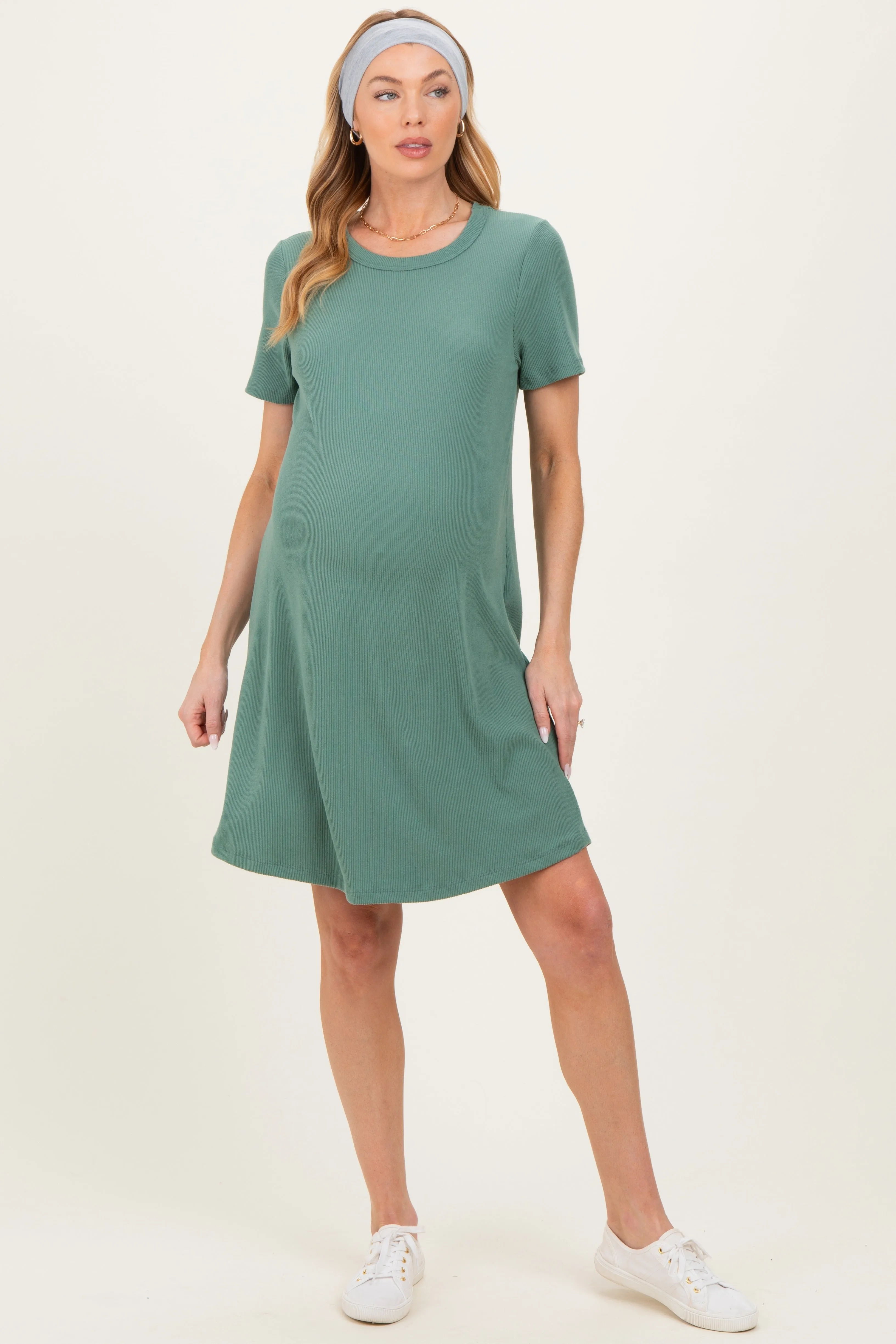 Olive Ribbed Knit Basic Short Sleeve Maternity T-Shirt Dress sold by Pinkblush