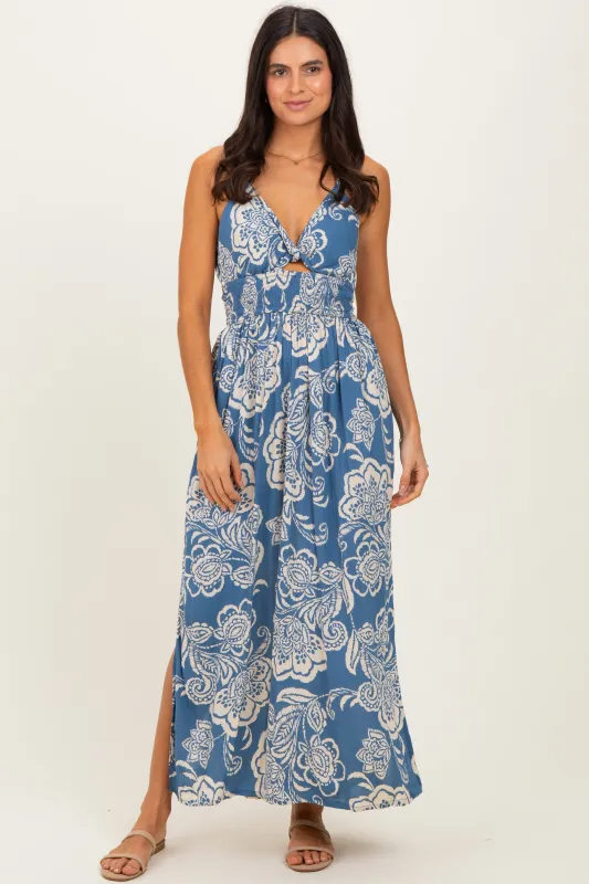 Blue Floral Twist Front Tie Back Maxi Dress sold by Pinkblush