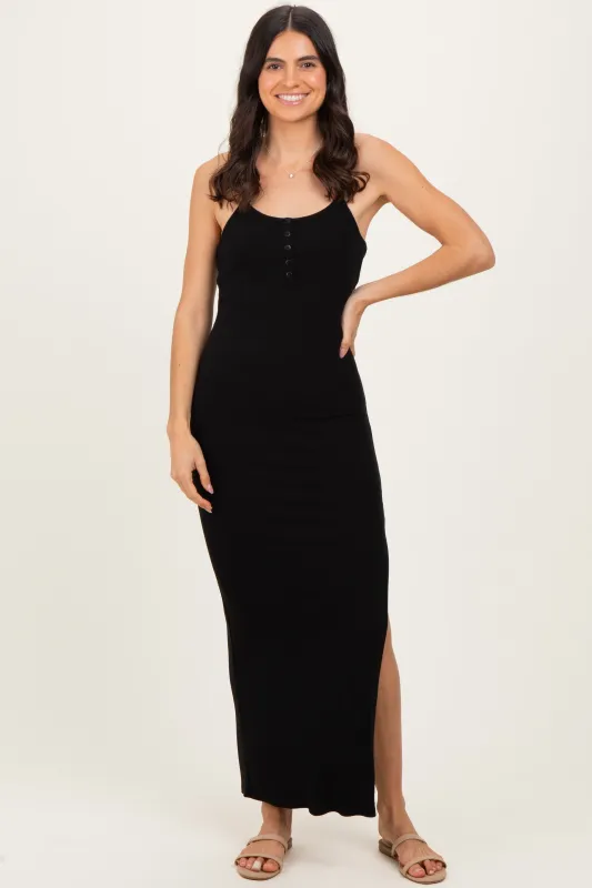 Black Button Detail Sleeveless High Slit Maxi Dress made by Pinkblush