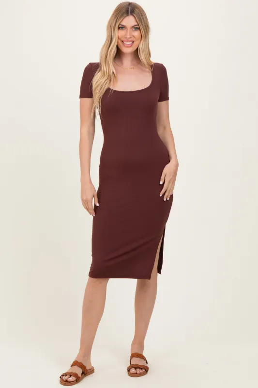 Brown Square Neck Side Slit Midi Dress sold by Pinkblush