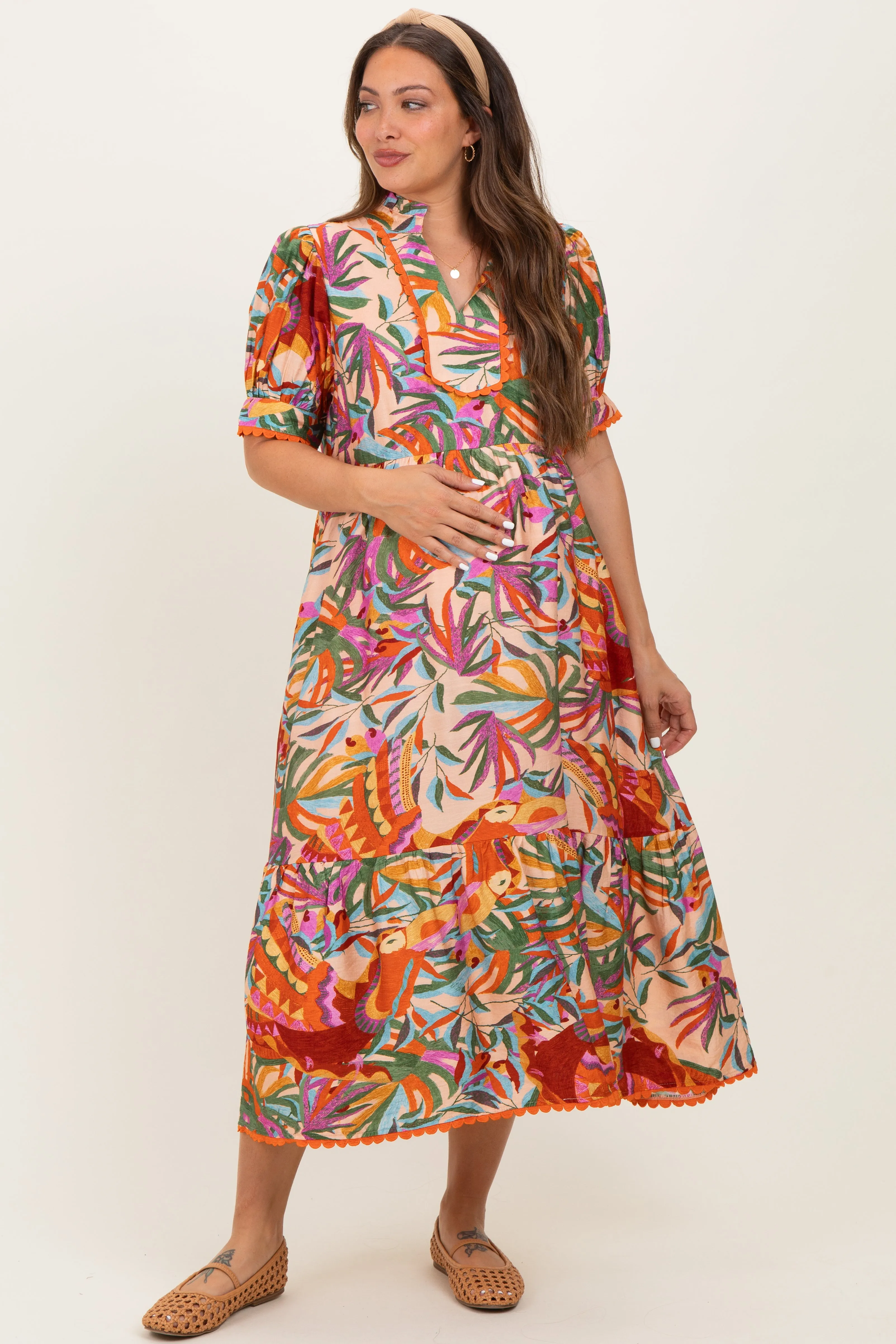 Pink Mix Leaf Print Pocketed Maternity Midi Dress sold by Pinkblush