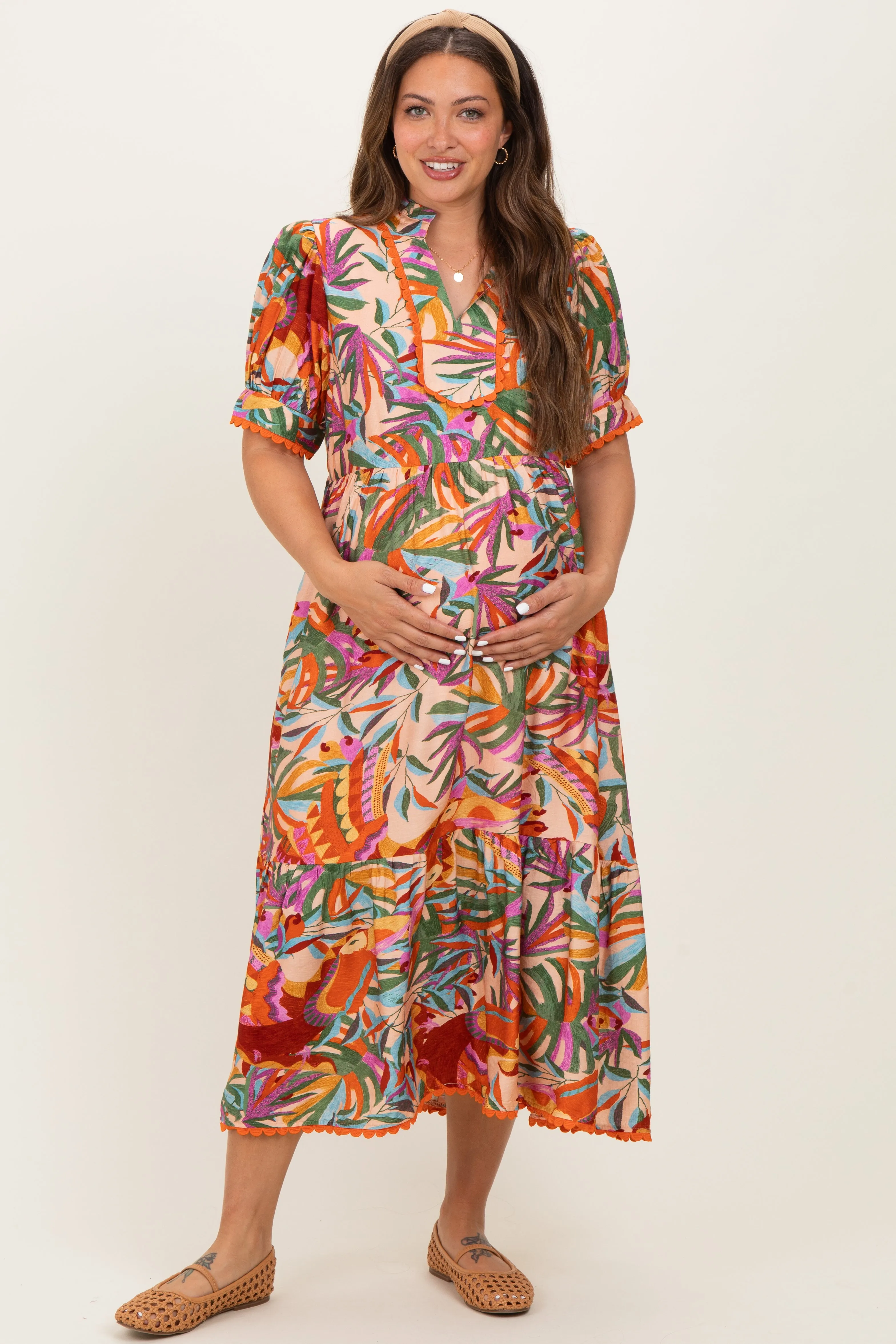 Pink Mix Leaf Print Pocketed Maternity Midi Dress sold by Pinkblush product image thumbnail 2