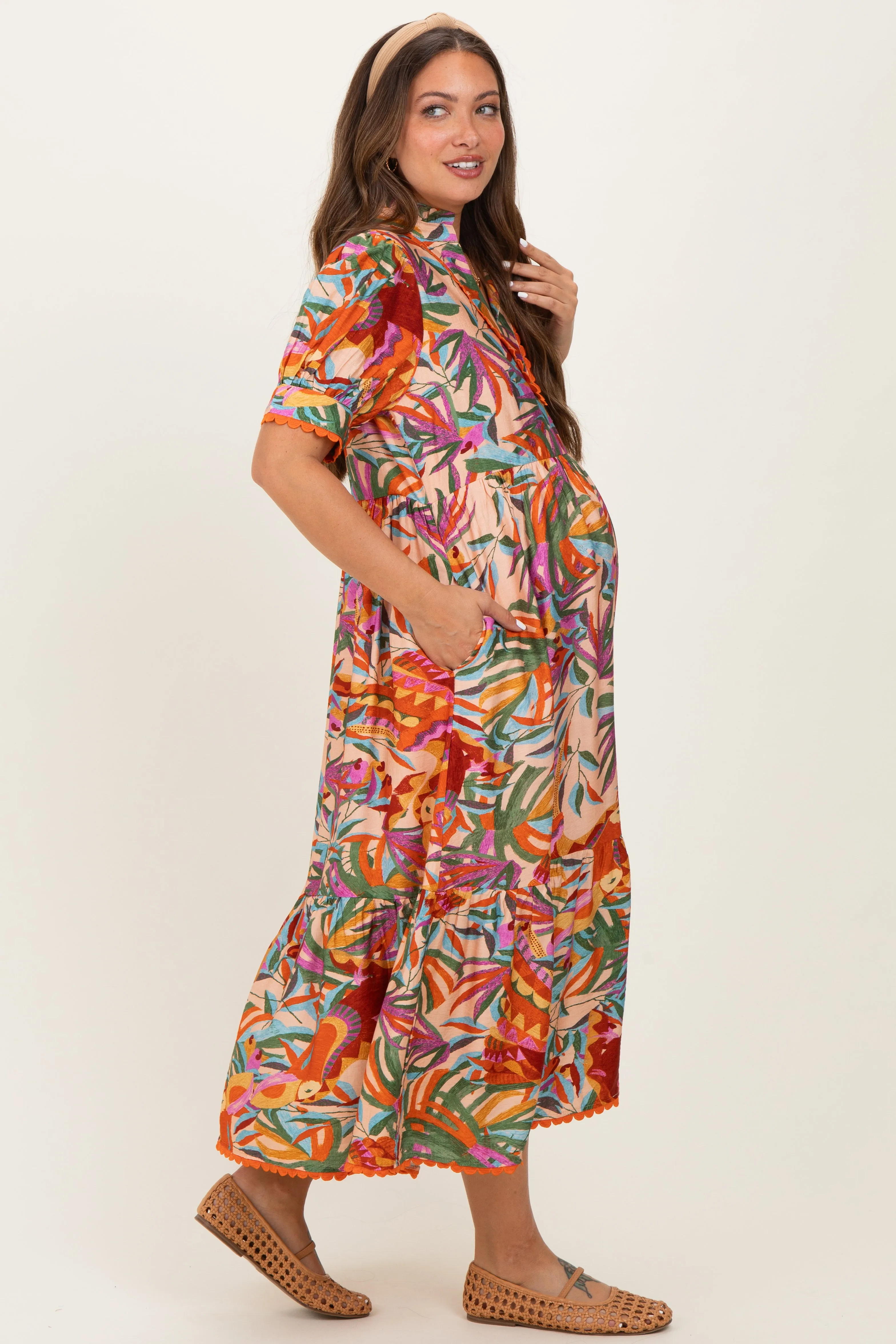 Pink Mix Leaf Print Pocketed Maternity Midi Dress sold by Pinkblush product image thumbnail 3