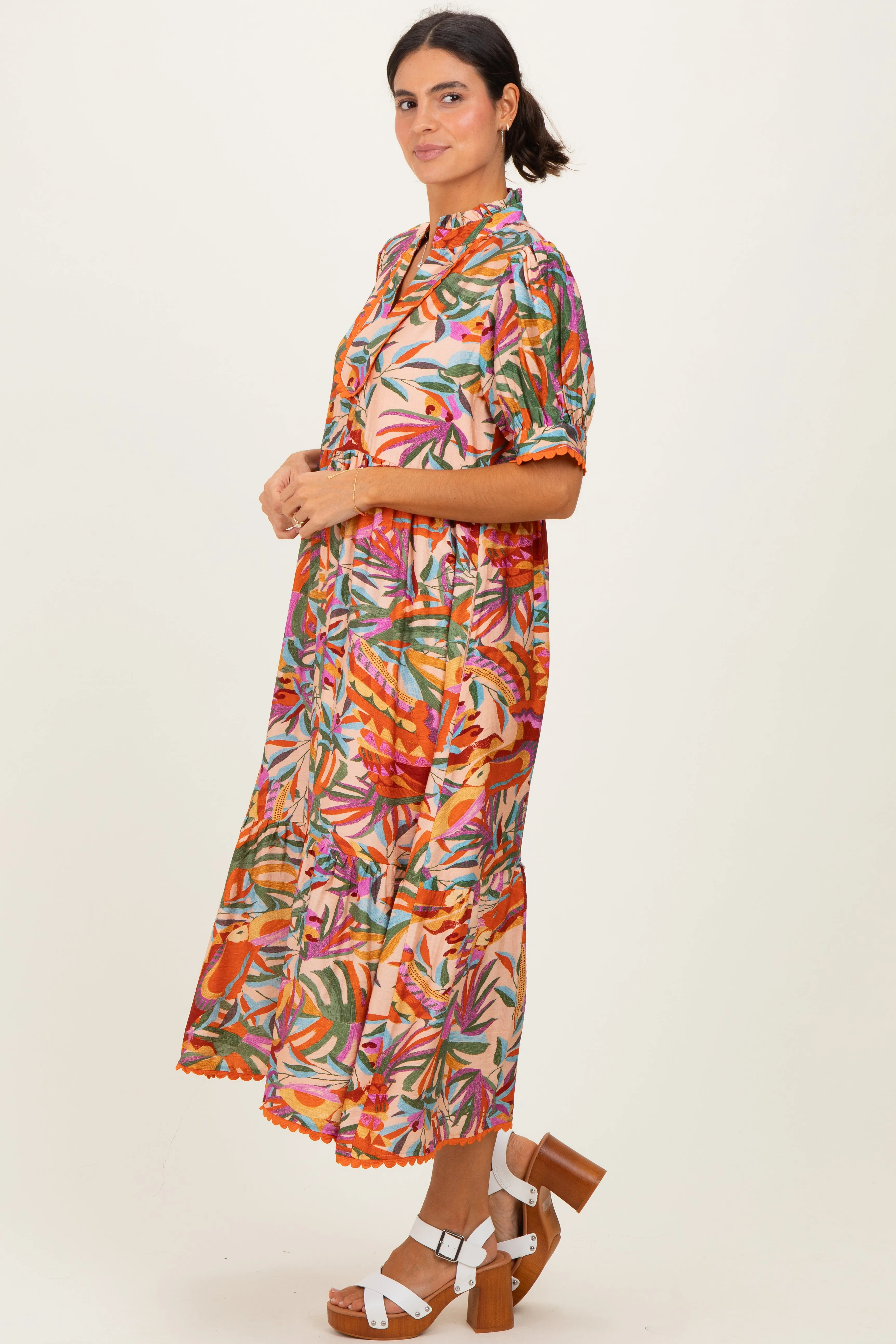 Pink Mix Leaf Print Pocketed Midi Dress sold by Pinkblush product image thumbnail 2