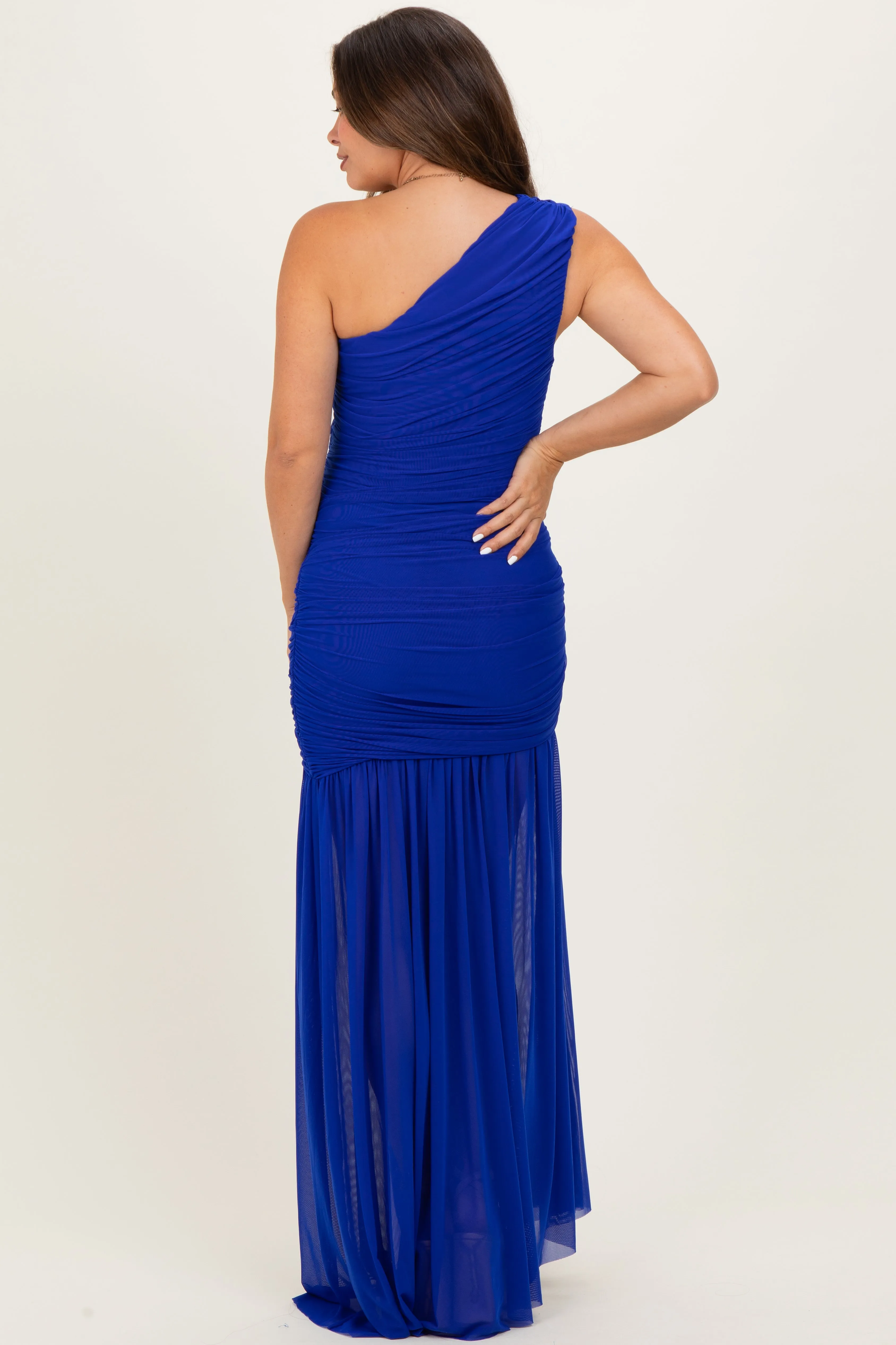 Royal Blue Ruched Mesh One Shoulder Maternity Maxi Dress sold by Pinkblush product image thumbnail 4
