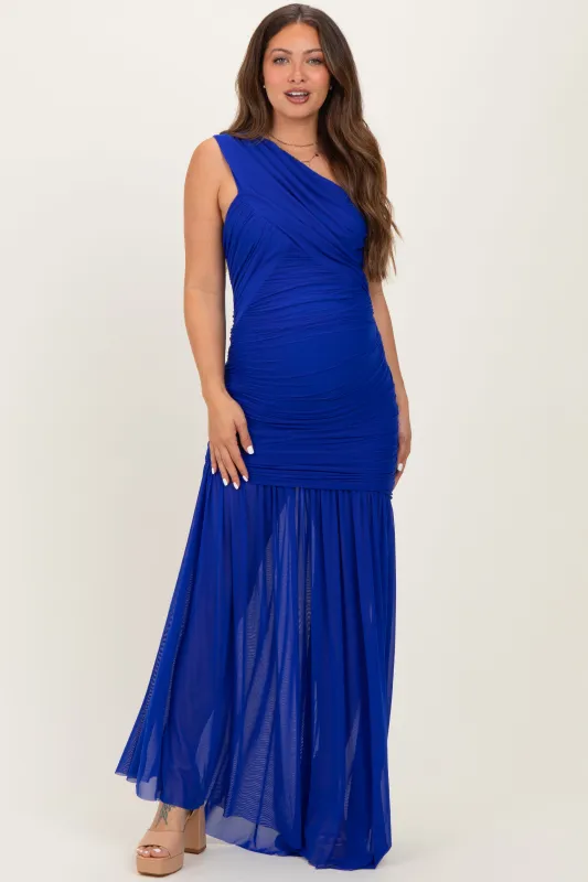 Royal Blue Ruched Mesh One Shoulder Maternity Maxi Dress sold by Pinkblush