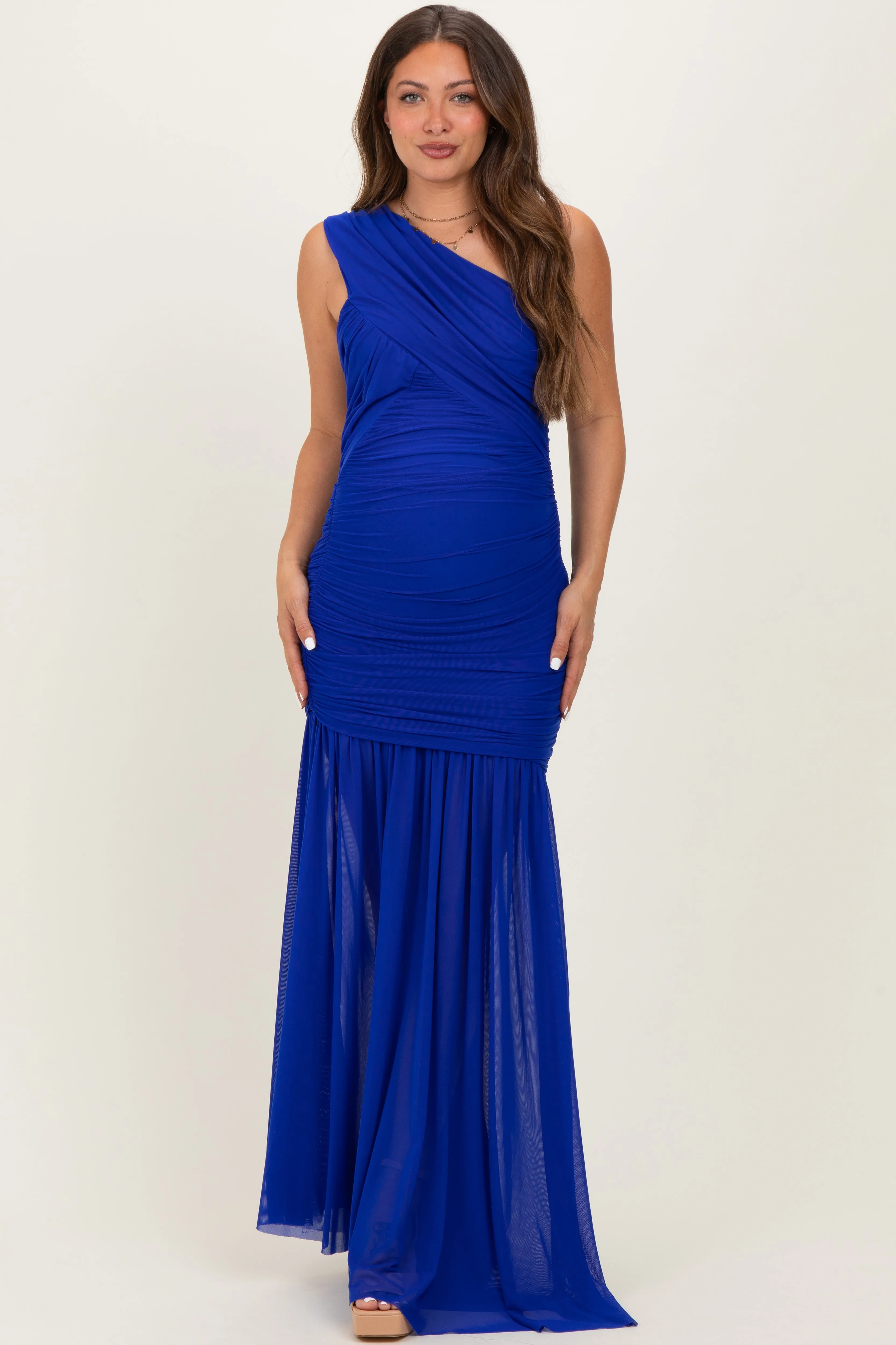 Royal Blue Ruched Mesh One Shoulder Maternity Maxi Dress sold by Pinkblush product image thumbnail 2