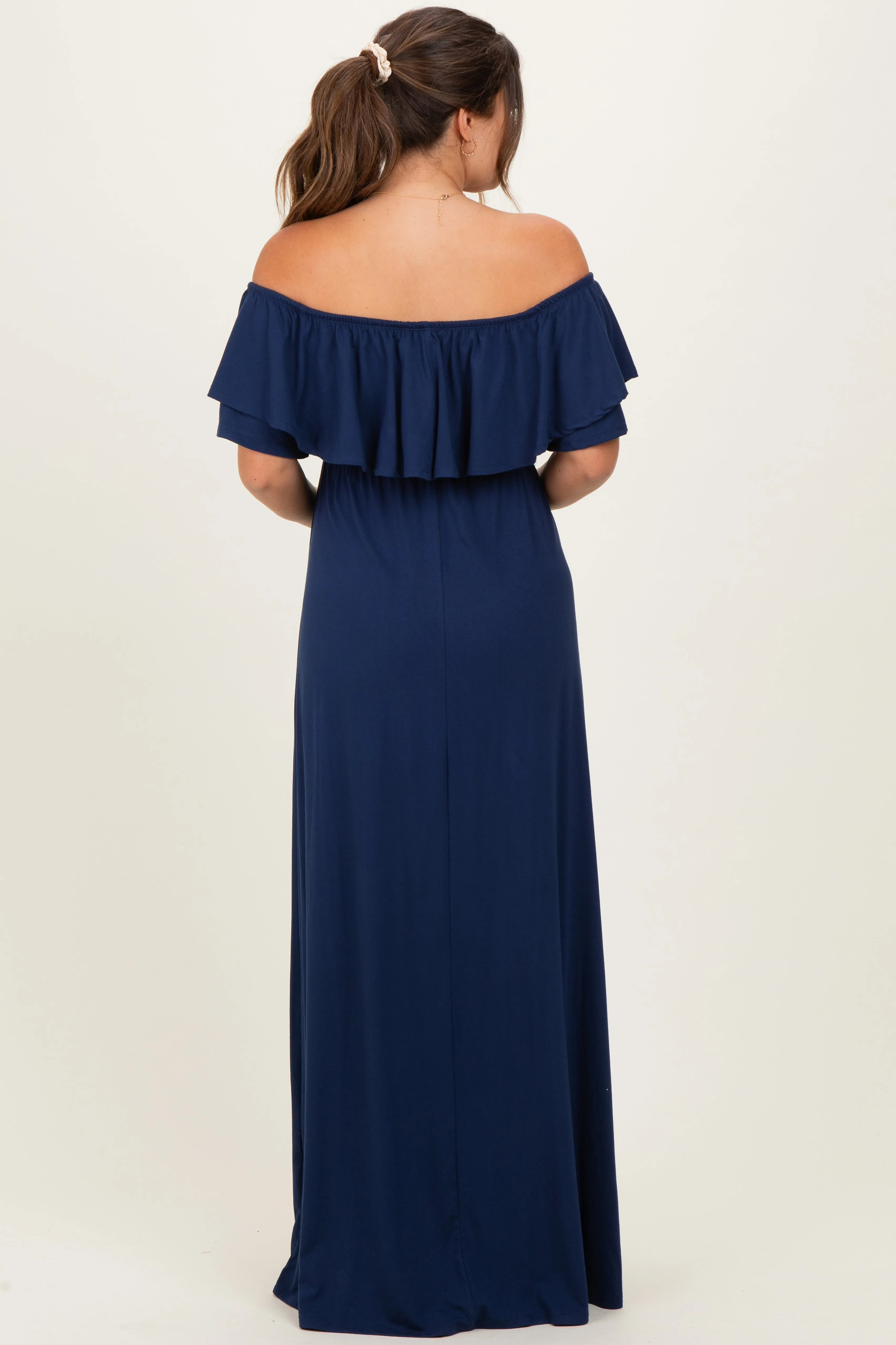 Navy Ruffle Off Shoulder Maternity Maxi Dress sold by Pinkblush product image thumbnail 3