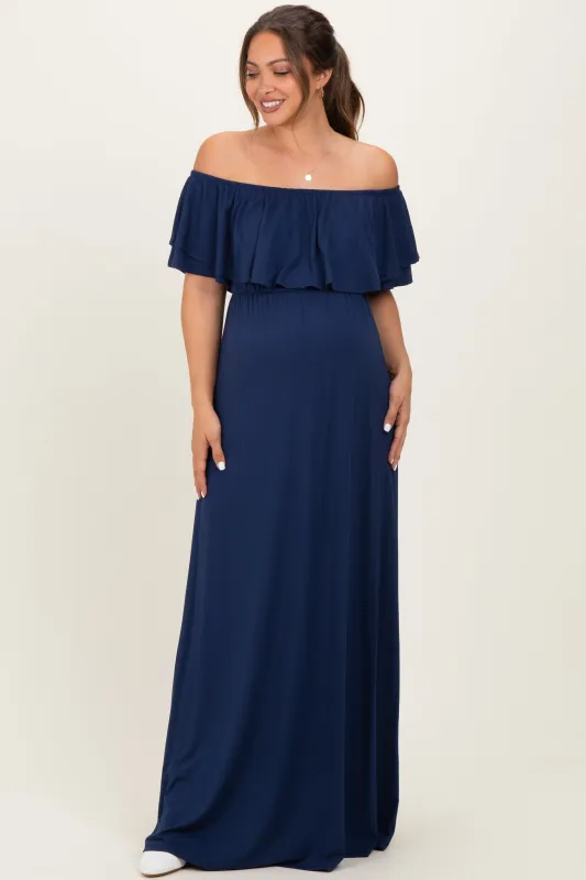 Navy Ruffle Off Shoulder Maternity Maxi Dress sold by Pinkblush