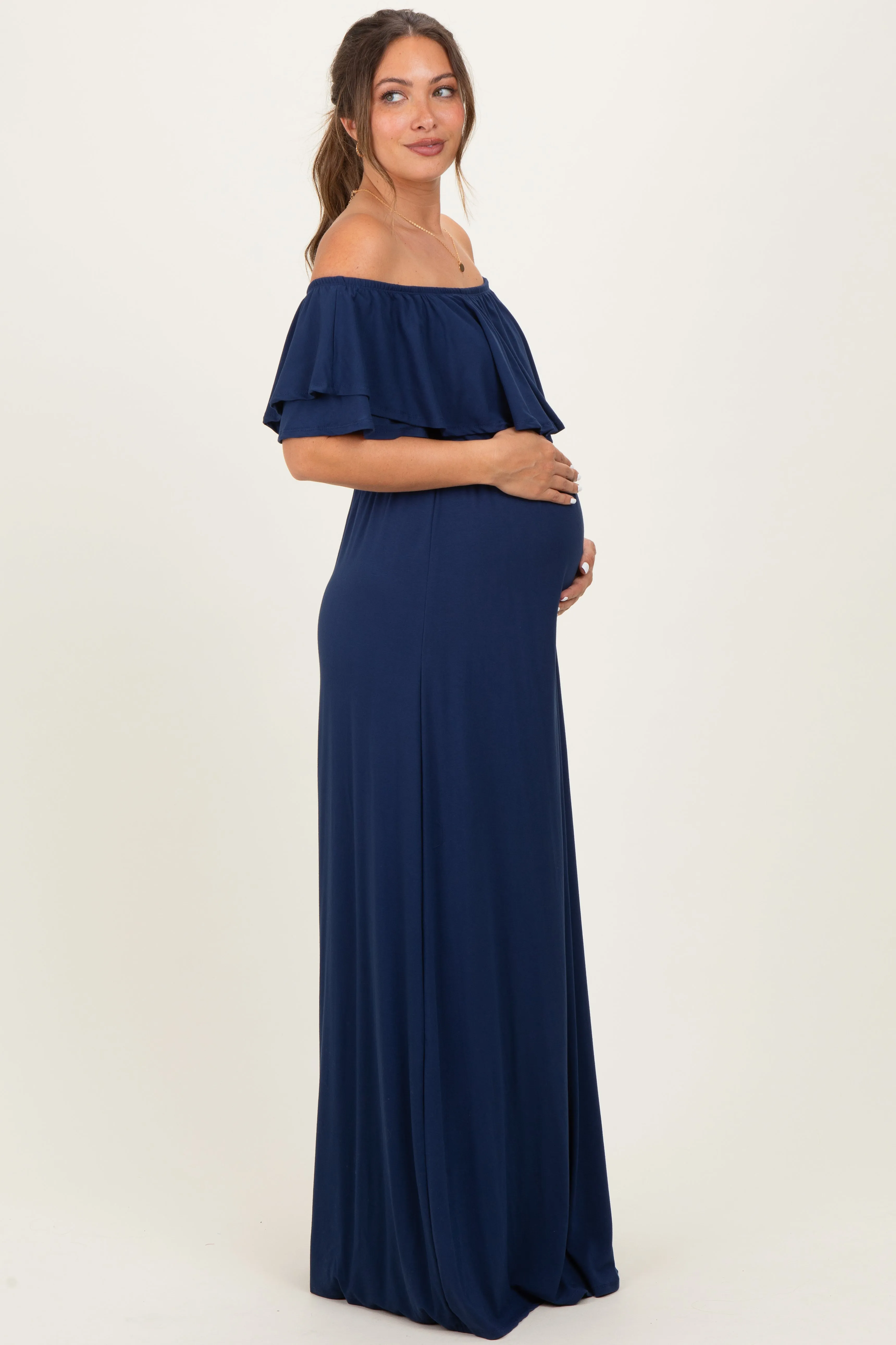 Navy Ruffle Off Shoulder Maternity Maxi Dress sold by Pinkblush product image thumbnail 2
