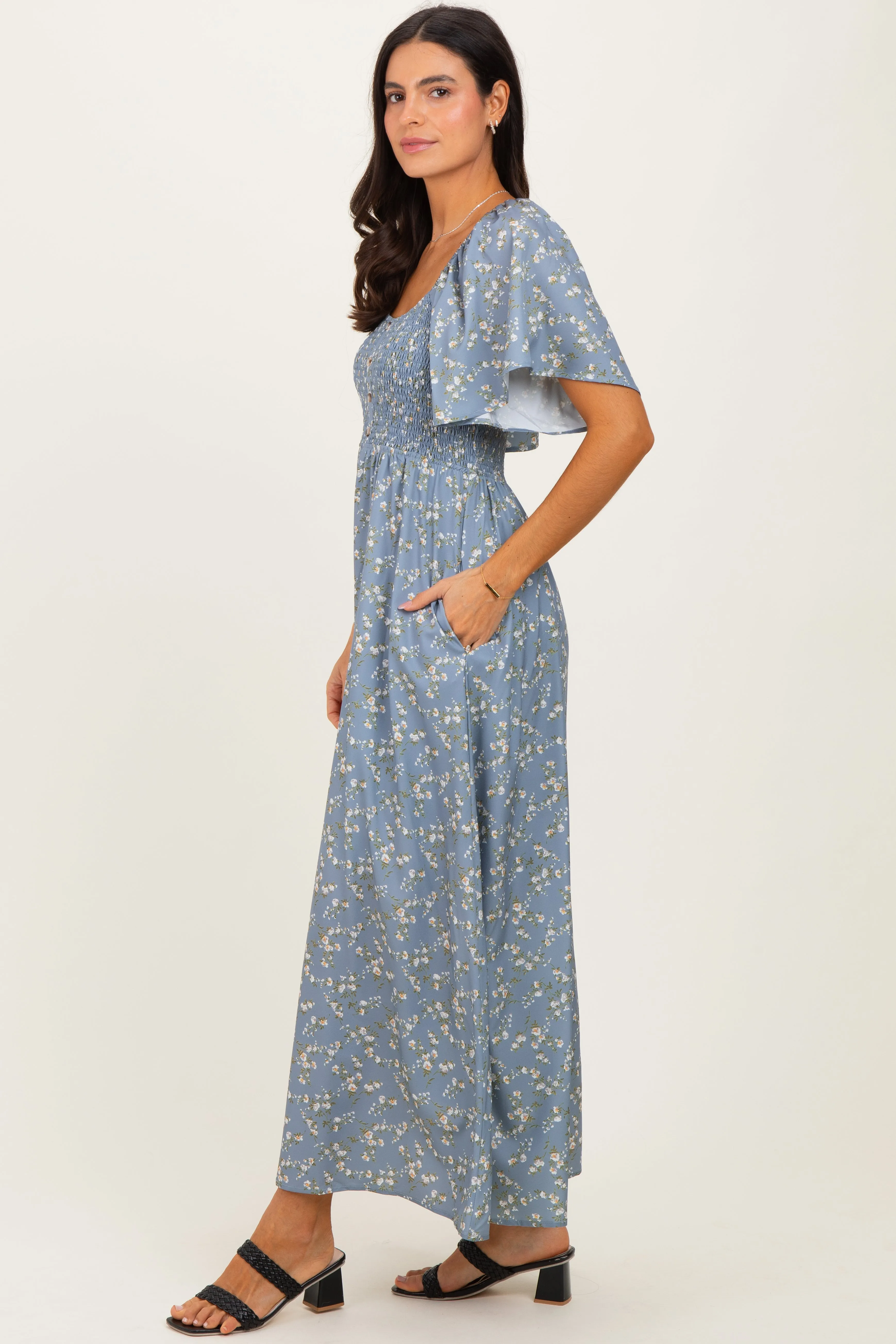 Grey Floral Smocked Flutter Sleeve Midi Dress sold by Pinkblush product image thumbnail 3