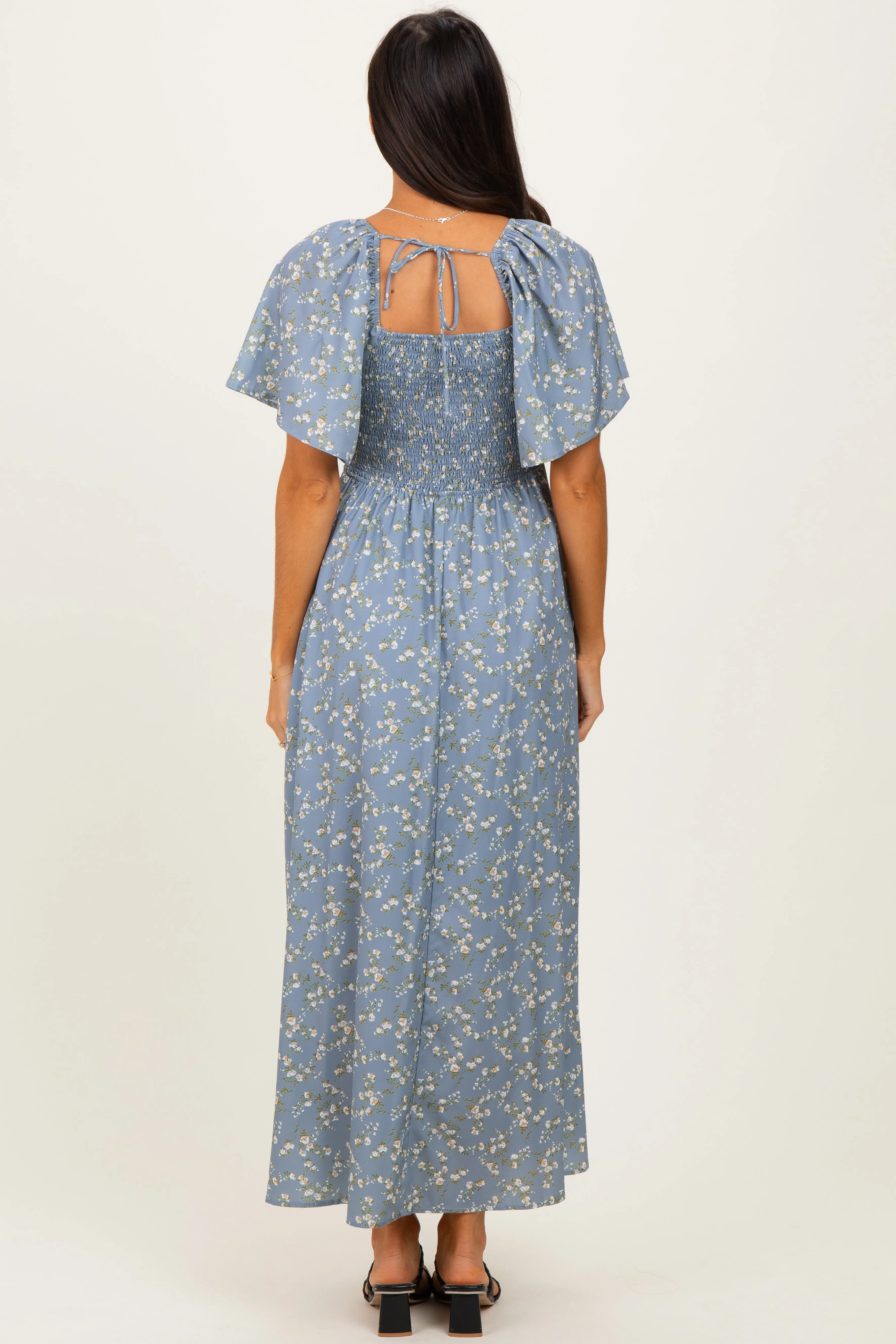 Grey Floral Smocked Flutter Sleeve Midi Dress sold by Pinkblush product image thumbnail 4