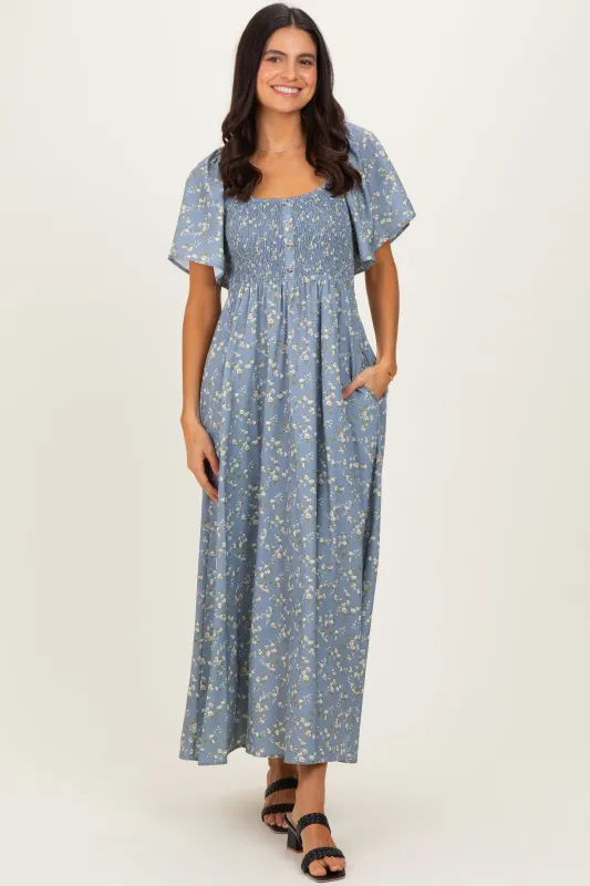 Grey Floral Smocked Flutter Sleeve Midi Dress sold by Pinkblush