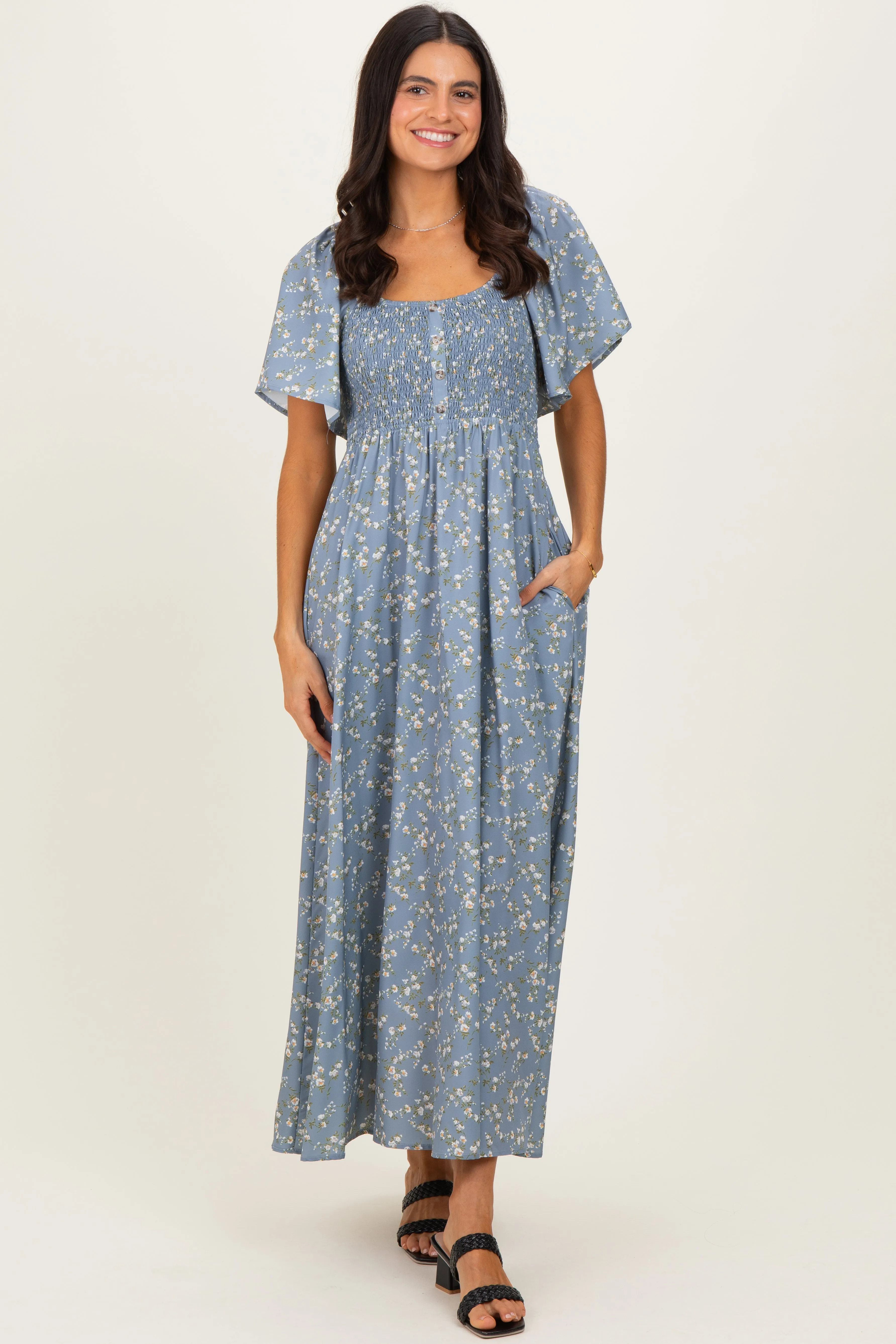 Grey Floral Smocked Flutter Sleeve Midi Dress sold by Pinkblush