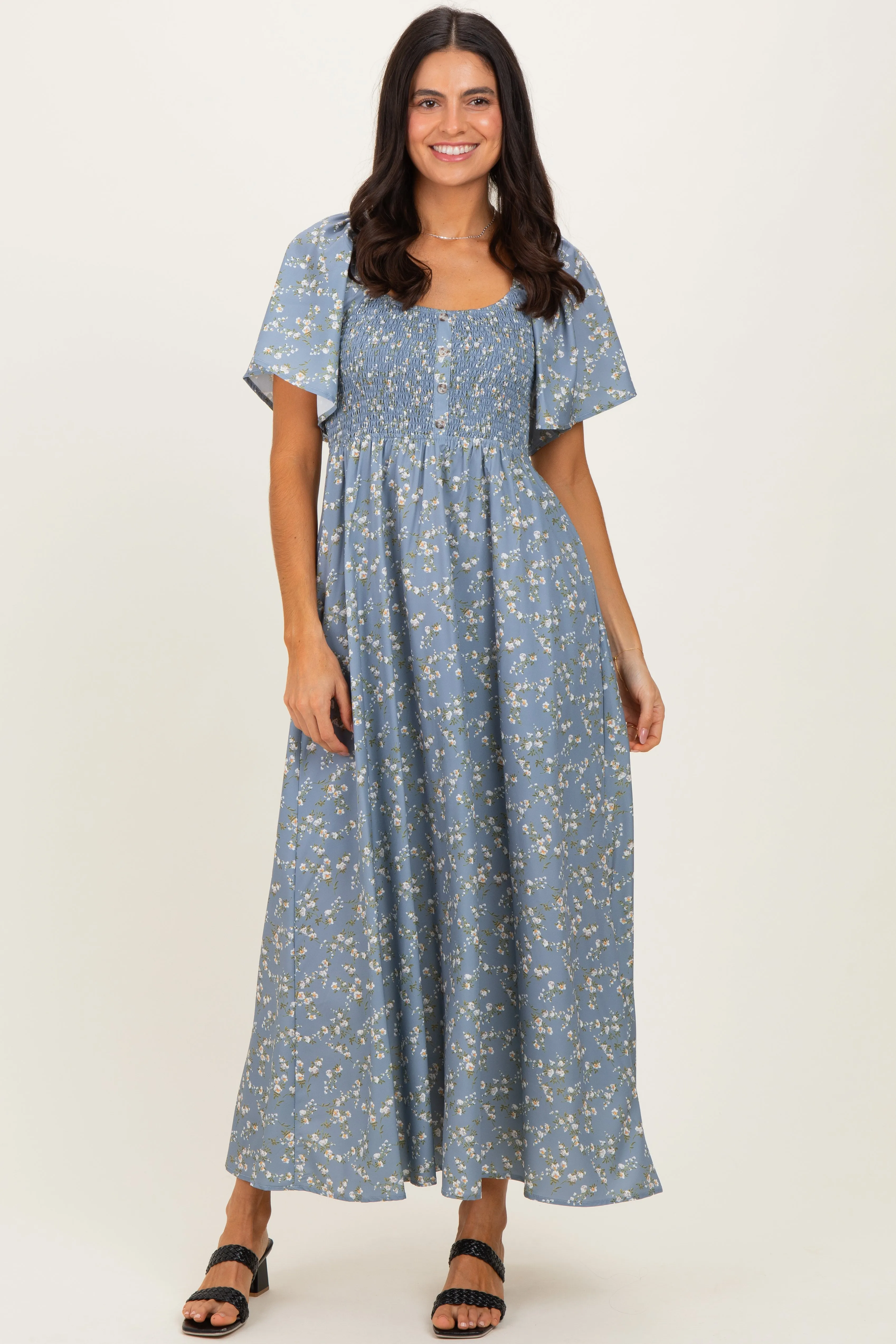 Grey Floral Smocked Flutter Sleeve Midi Dress sold by Pinkblush product image thumbnail 2