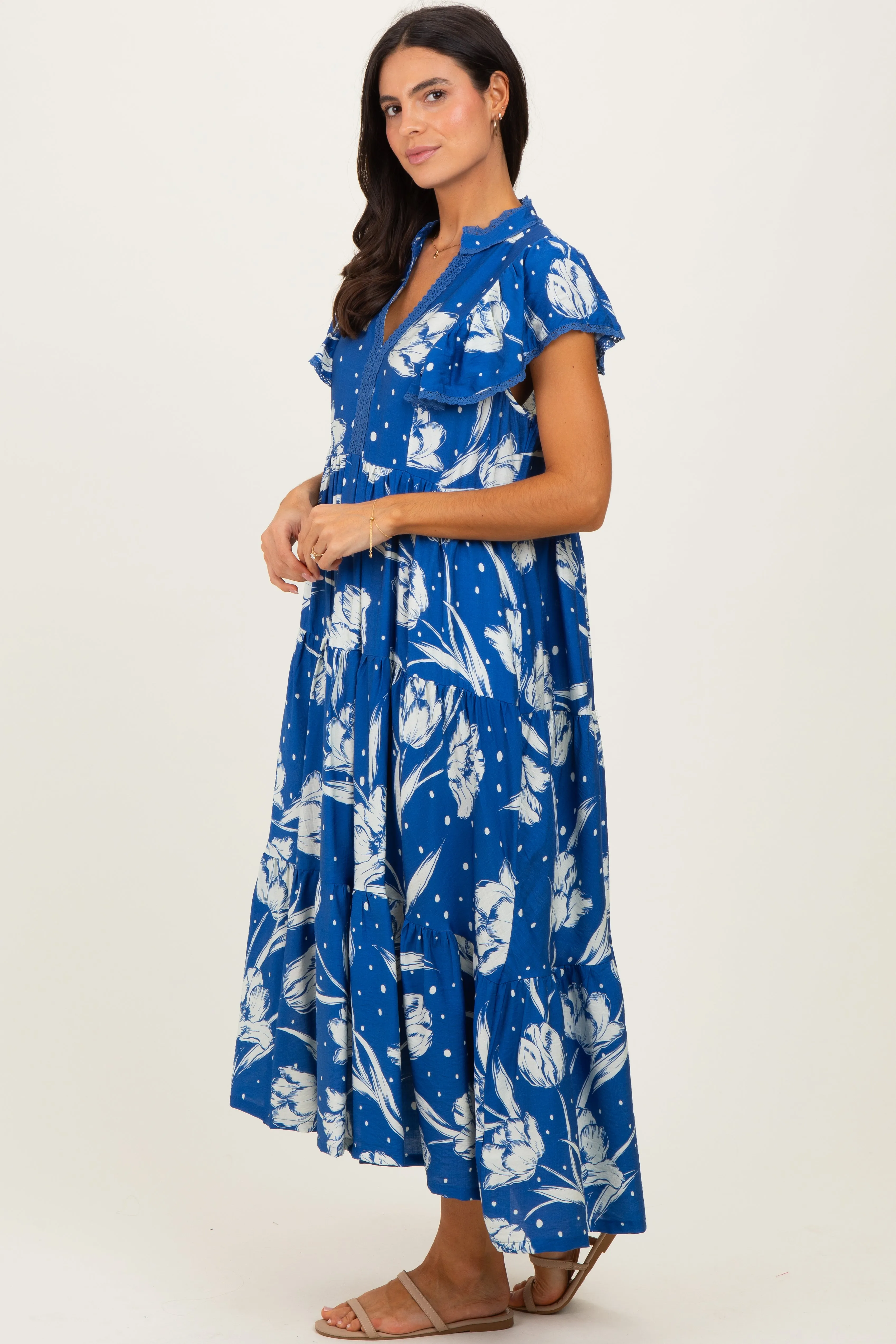 Royal Blue Floral Crochet Lace Accent Midi Dress sold by Pinkblush product image thumbnail 2