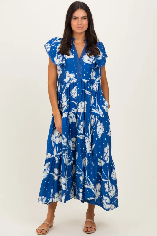 Royal Blue Floral Crochet Lace Accent Midi Dress sold by Pinkblush