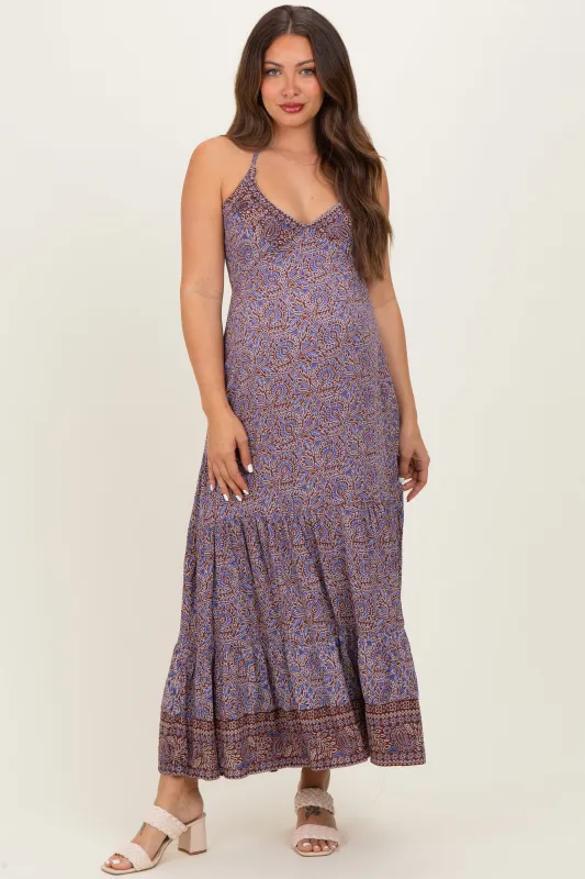 Brown Paisley Halter Maternity Maxi Dress sold by Pinkblush
