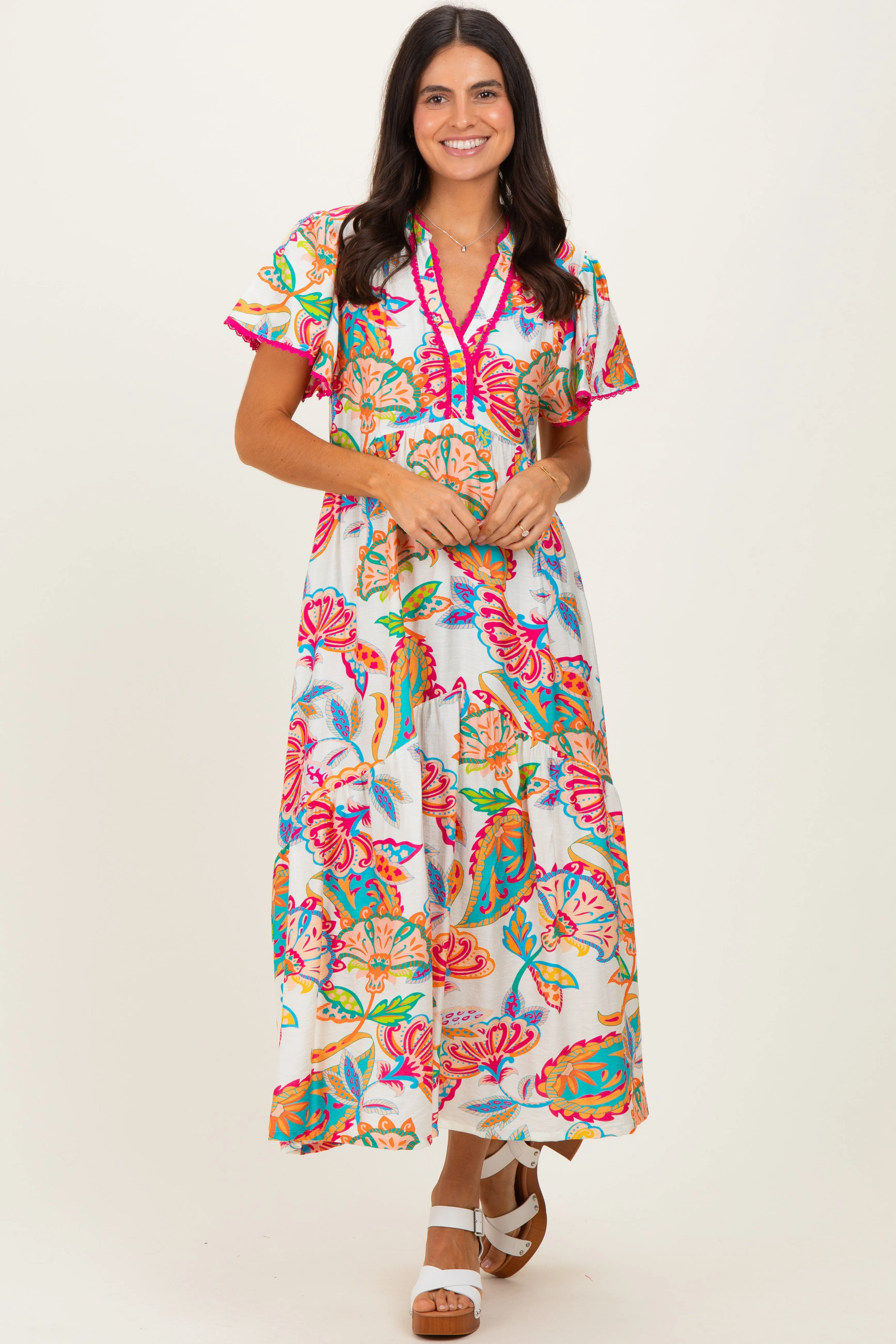 Cream Boho Print Lace Trim Tiered Midi Dress sold by Pinkblush product image thumbnail 2