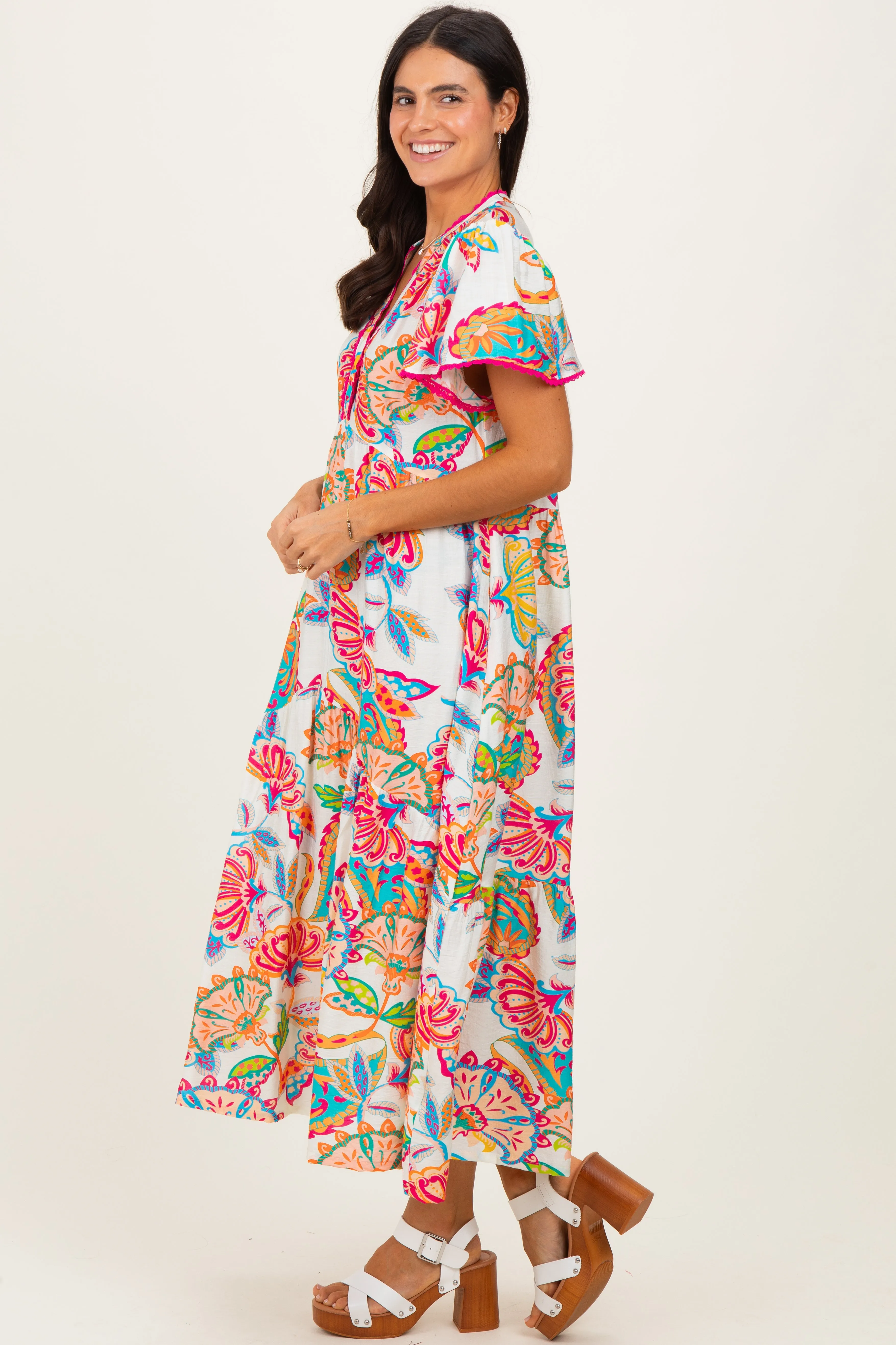 Cream Boho Print Lace Trim Tiered Midi Dress sold by Pinkblush product image thumbnail 3