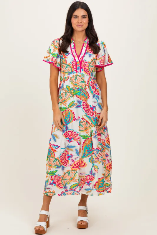 Cream Boho Print Lace Trim Tiered Midi Dress sold by Pinkblush