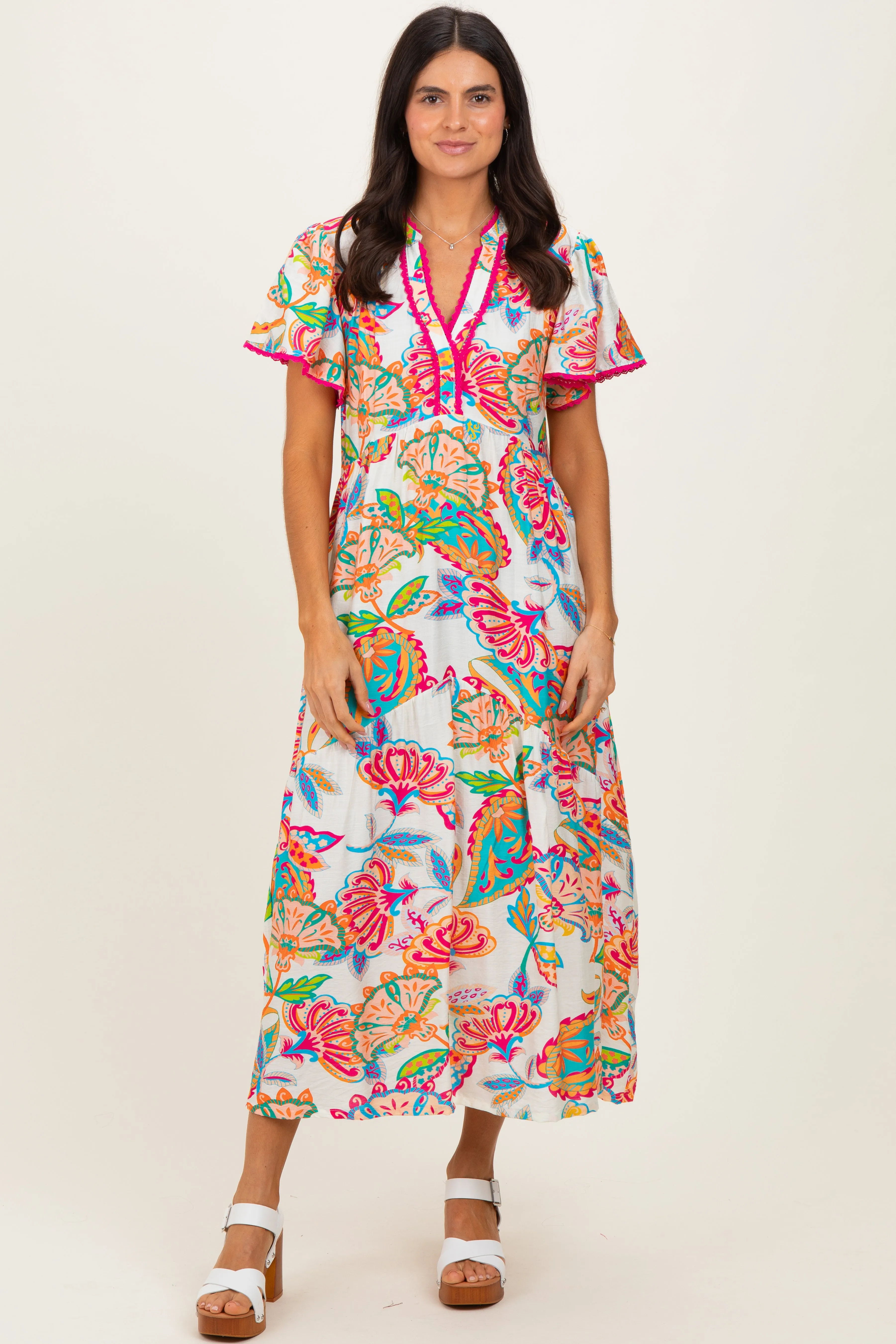 Cream Boho Print Lace Trim Tiered Midi Dress sold by Pinkblush