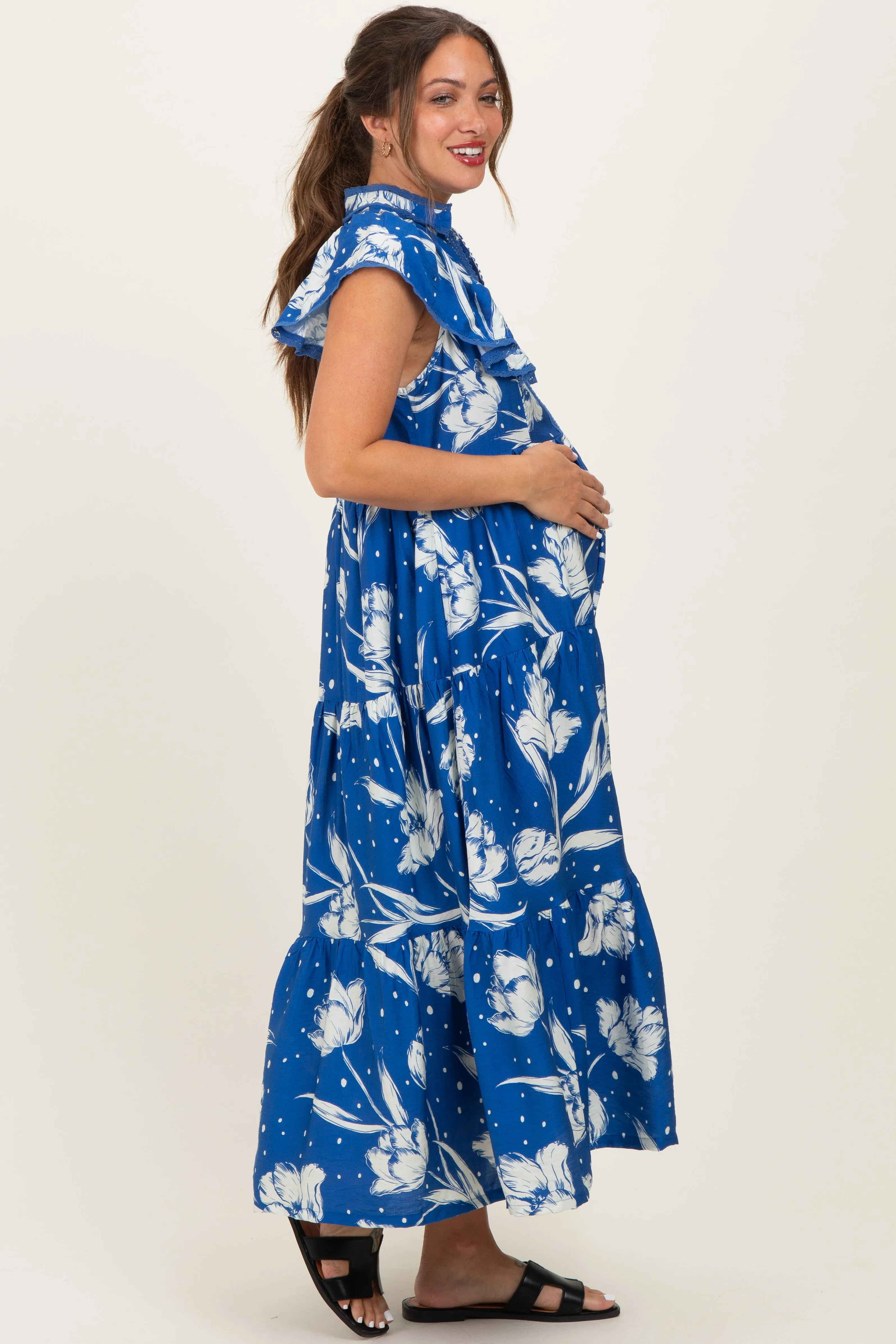 Royal Blue Floral Crochet Lace Accent Maternity Midi Dress sold by Pinkblush product image thumbnail 2