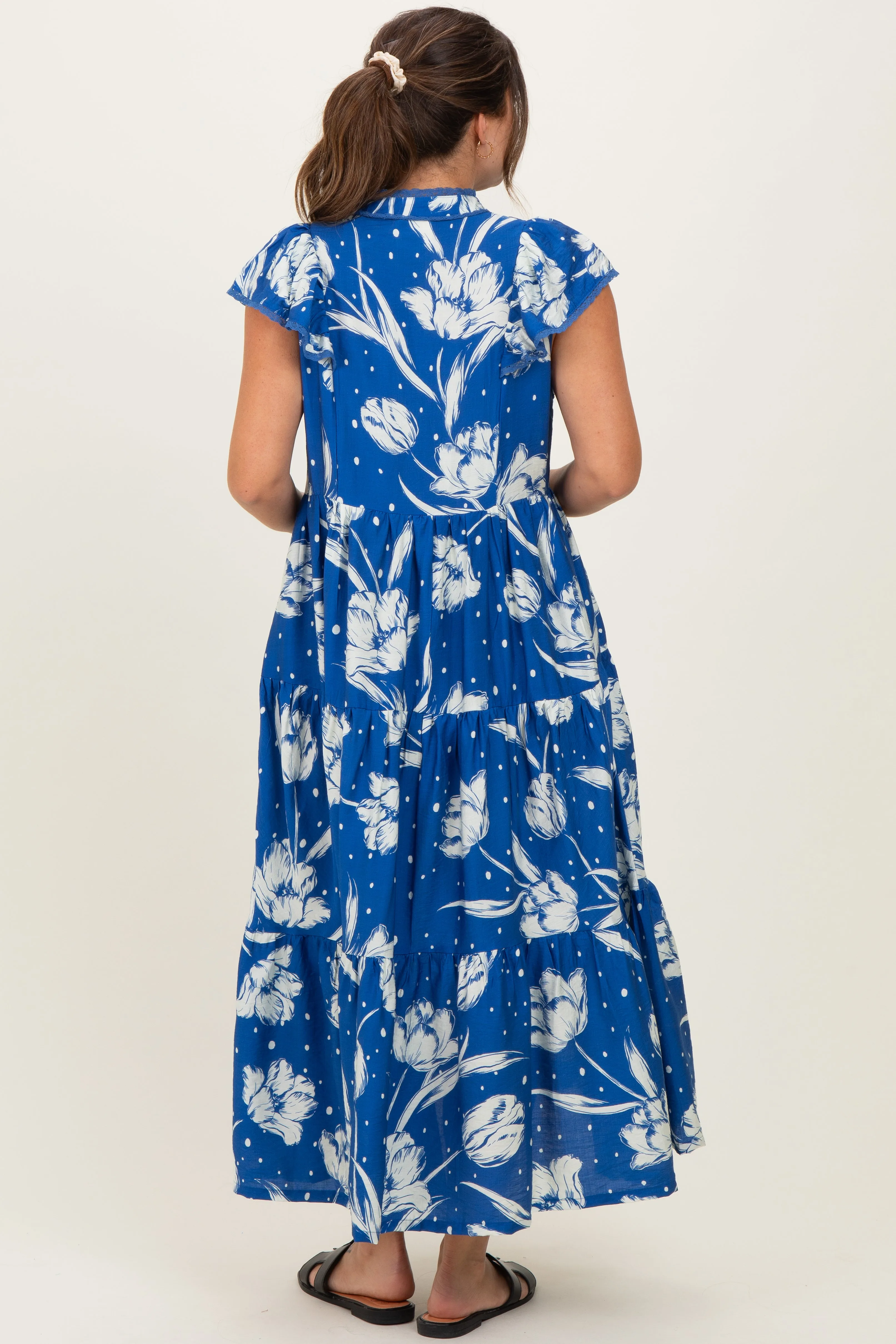 Royal Blue Floral Crochet Lace Accent Maternity Midi Dress sold by Pinkblush product image thumbnail 3