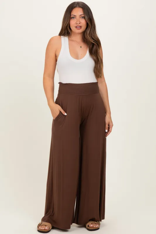Brown Smocked Waist Wide Leg Maternity Pants sold by Pinkblush