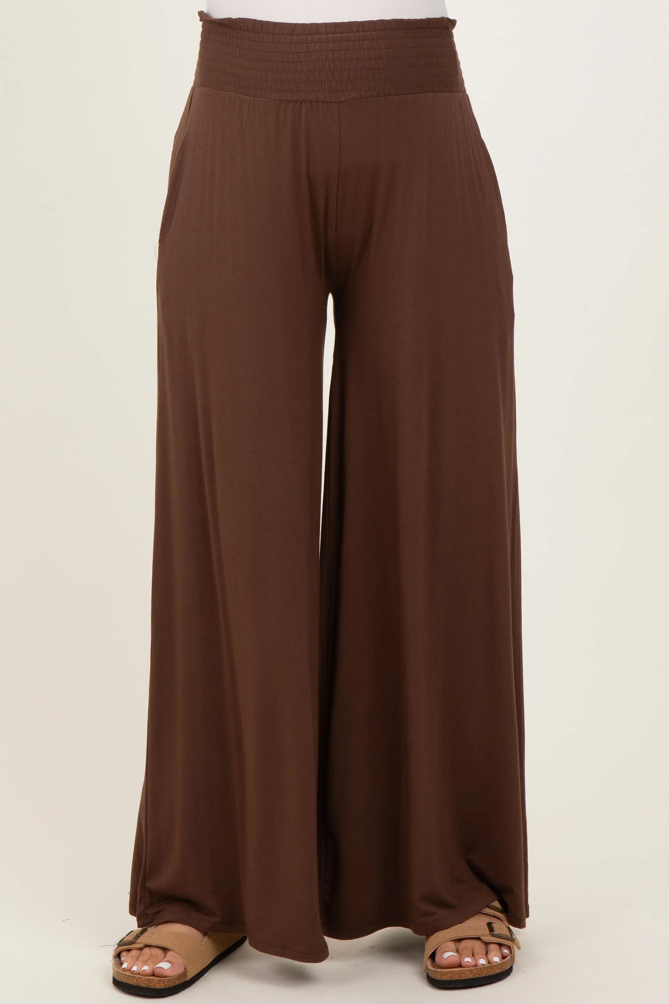 Brown Smocked Waist Wide Leg Maternity Pants sold by Pinkblush product image thumbnail 2