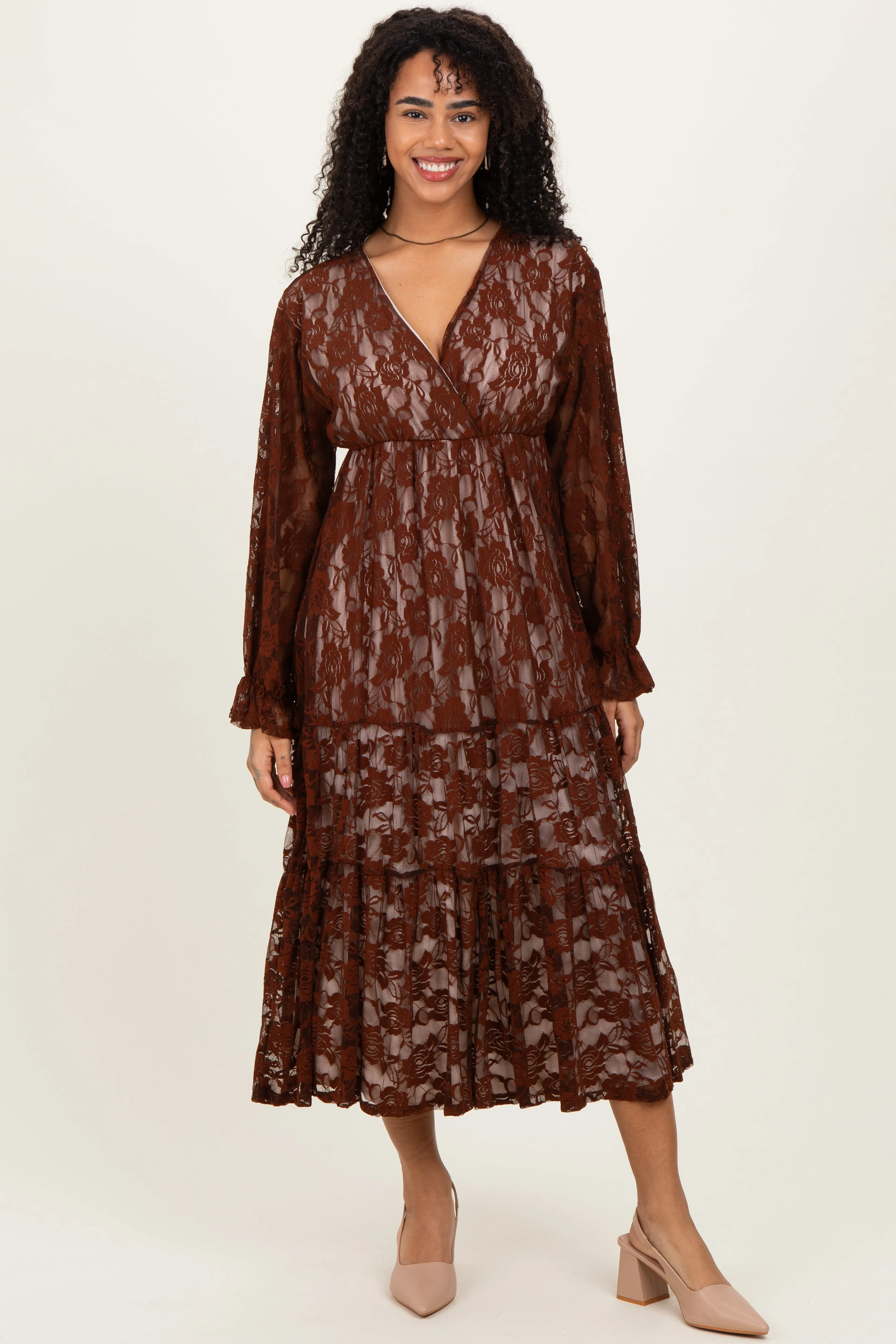Brown Floral Lace Long Sleeve V-Neck Maternity Maxi Dress sold by Pinkblush product image thumbnail 4