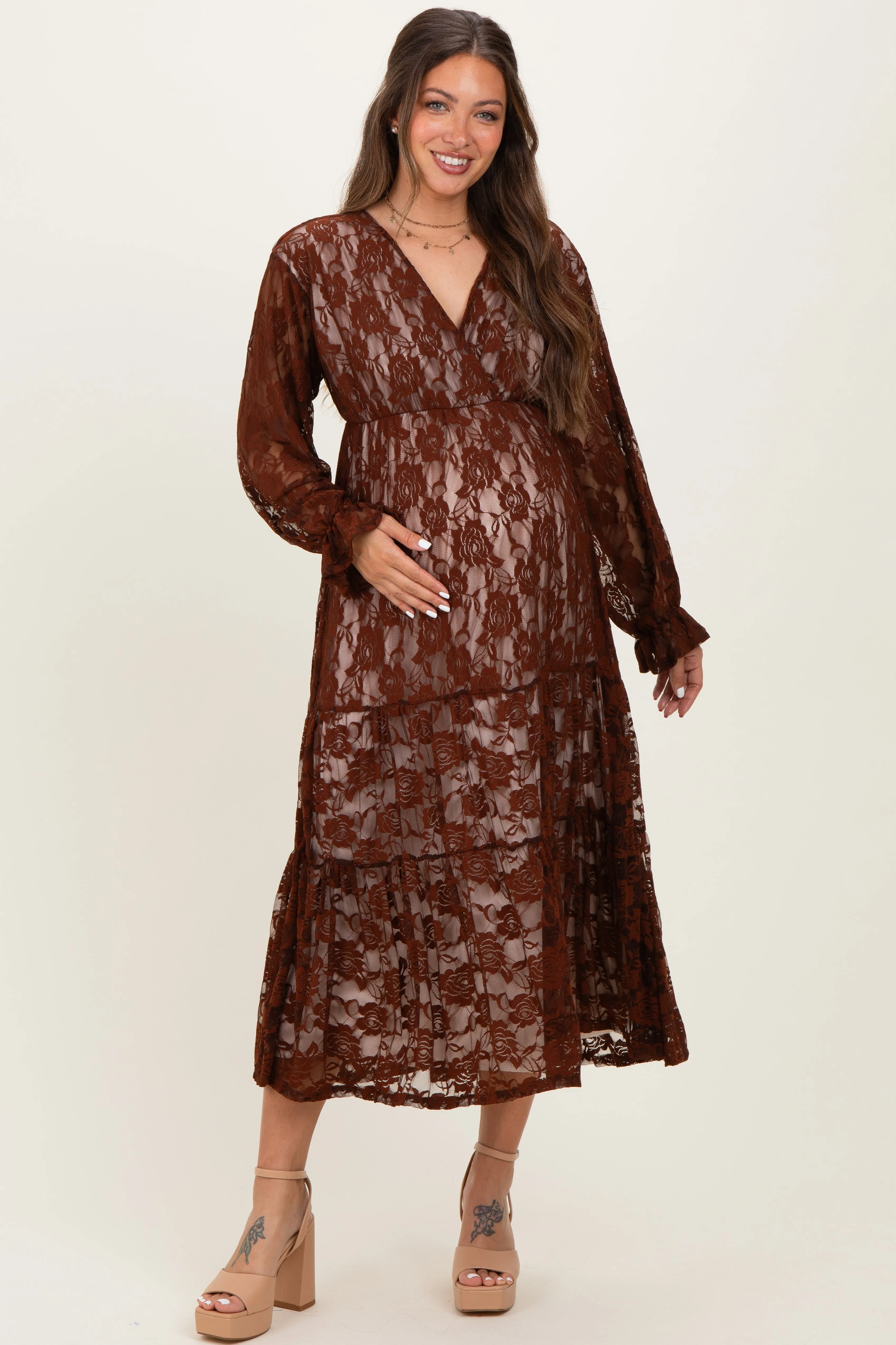 Brown Floral Lace Long Sleeve V-Neck Maternity Maxi Dress sold by Pinkblush