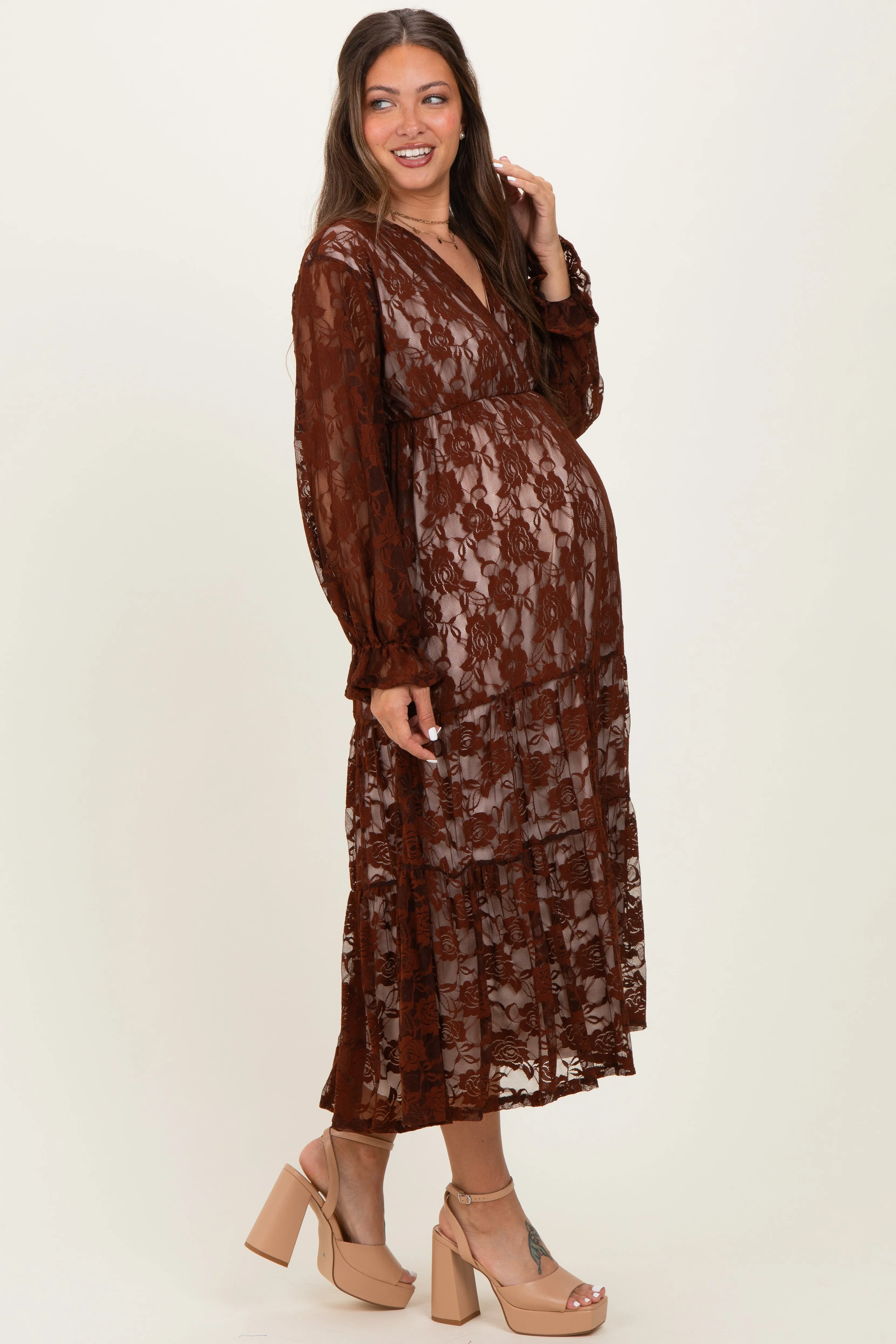 Brown Floral Lace Long Sleeve V-Neck Maternity Maxi Dress sold by Pinkblush product image thumbnail 2