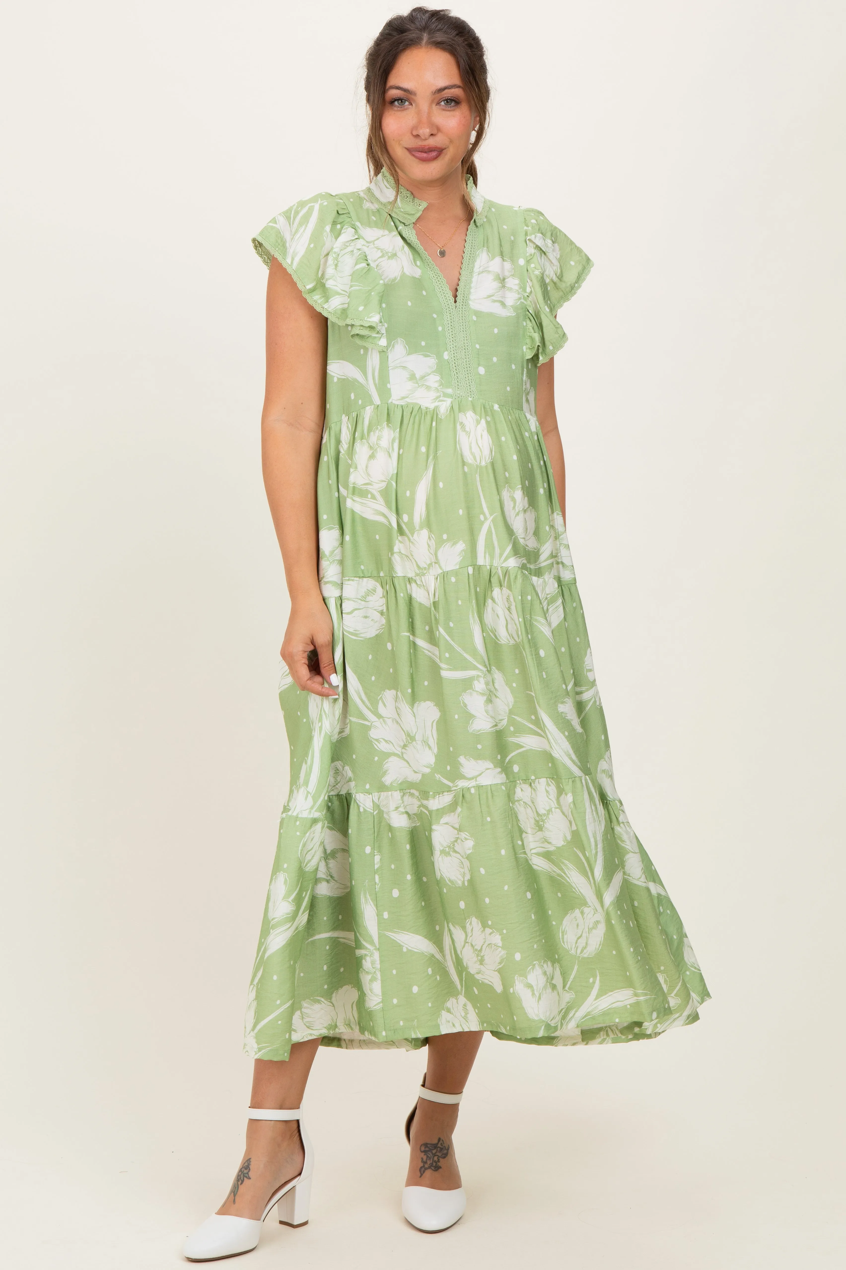 Sage Floral Crochet Lace Accent Maternity Midi Dress sold by Pinkblush