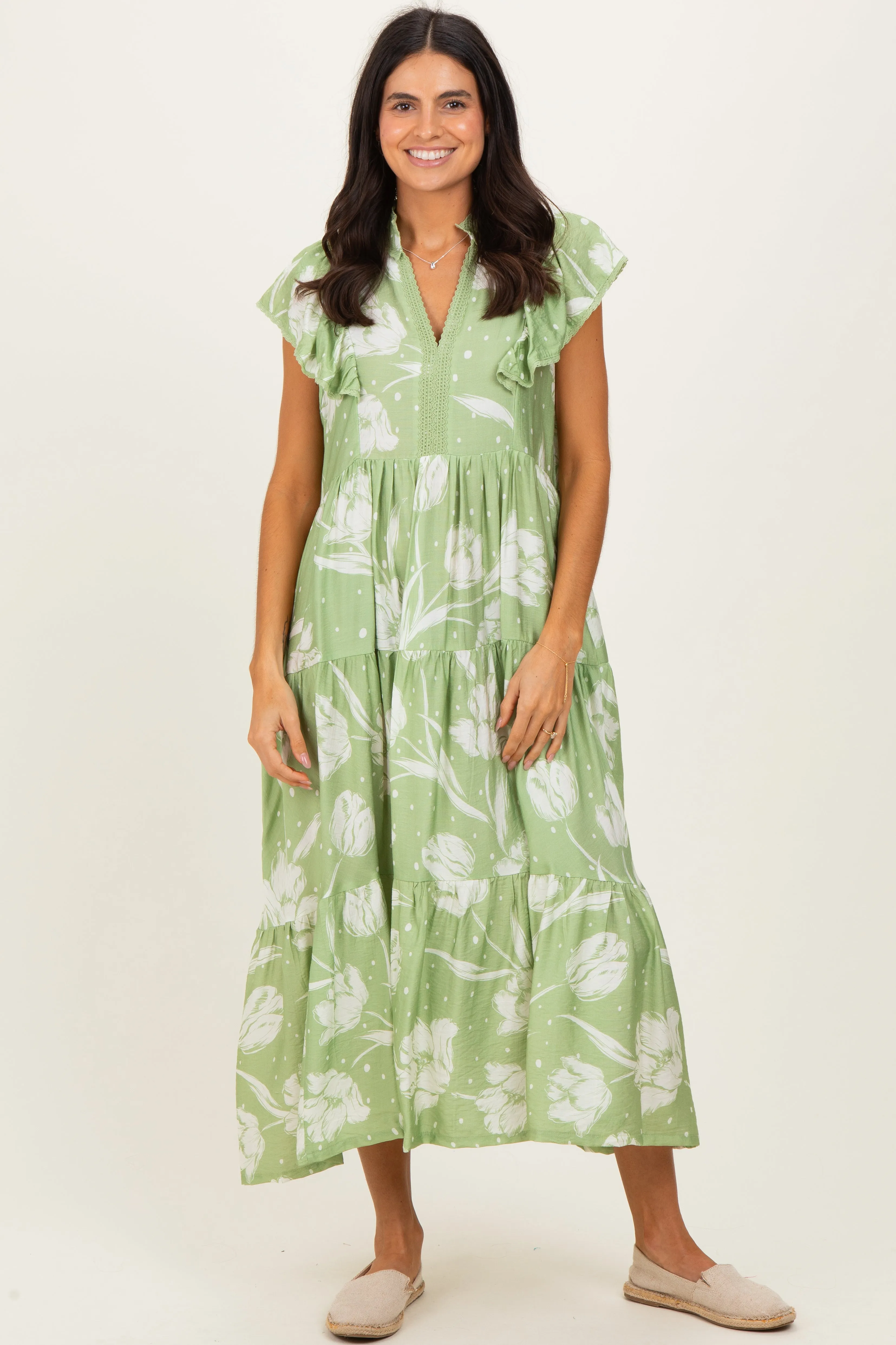 Sage Floral Crochet Lace Accent Maternity Midi Dress sold by Pinkblush product image thumbnail 5