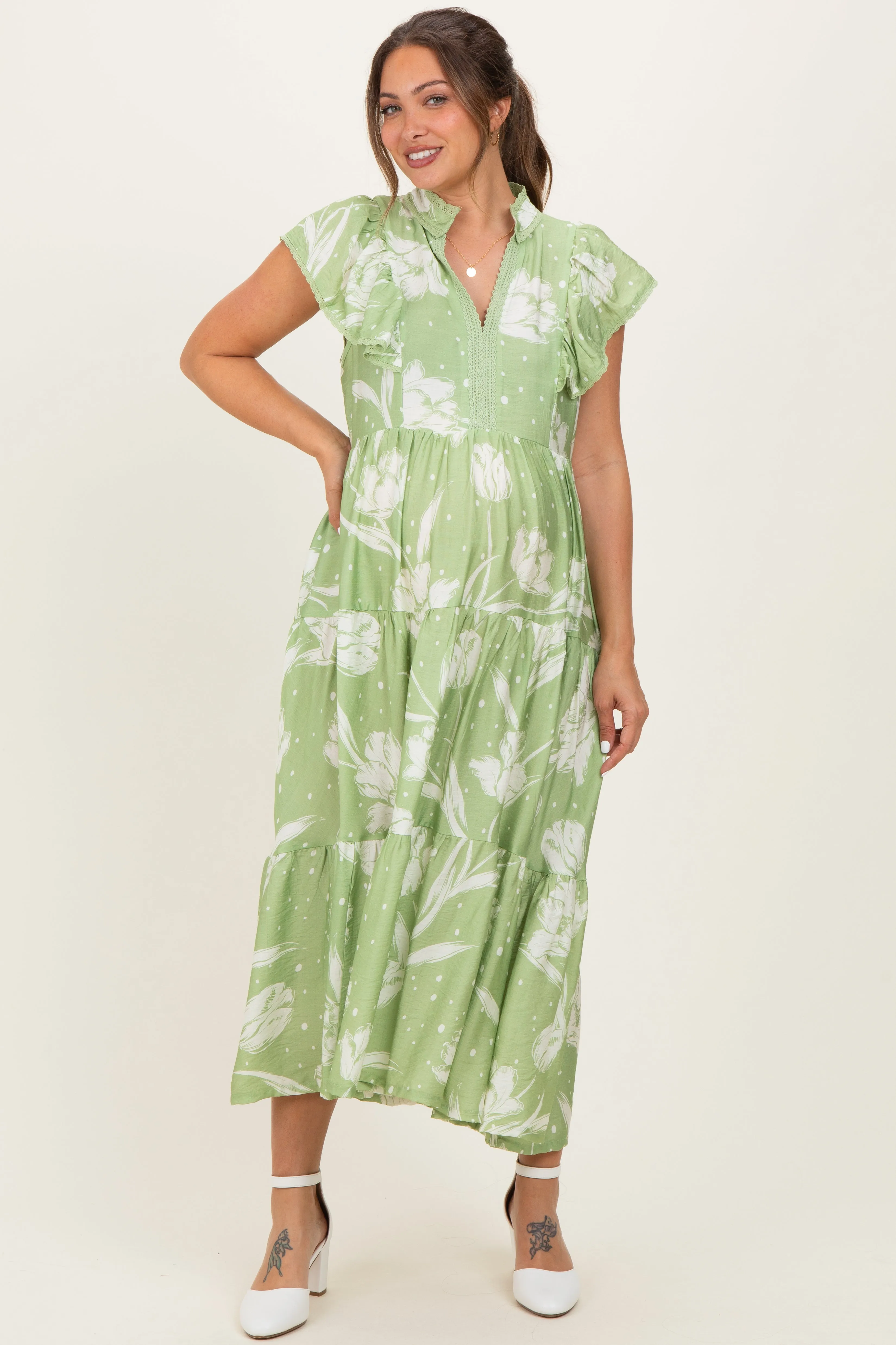 Sage Floral Crochet Lace Accent Maternity Midi Dress sold by Pinkblush product image thumbnail 2