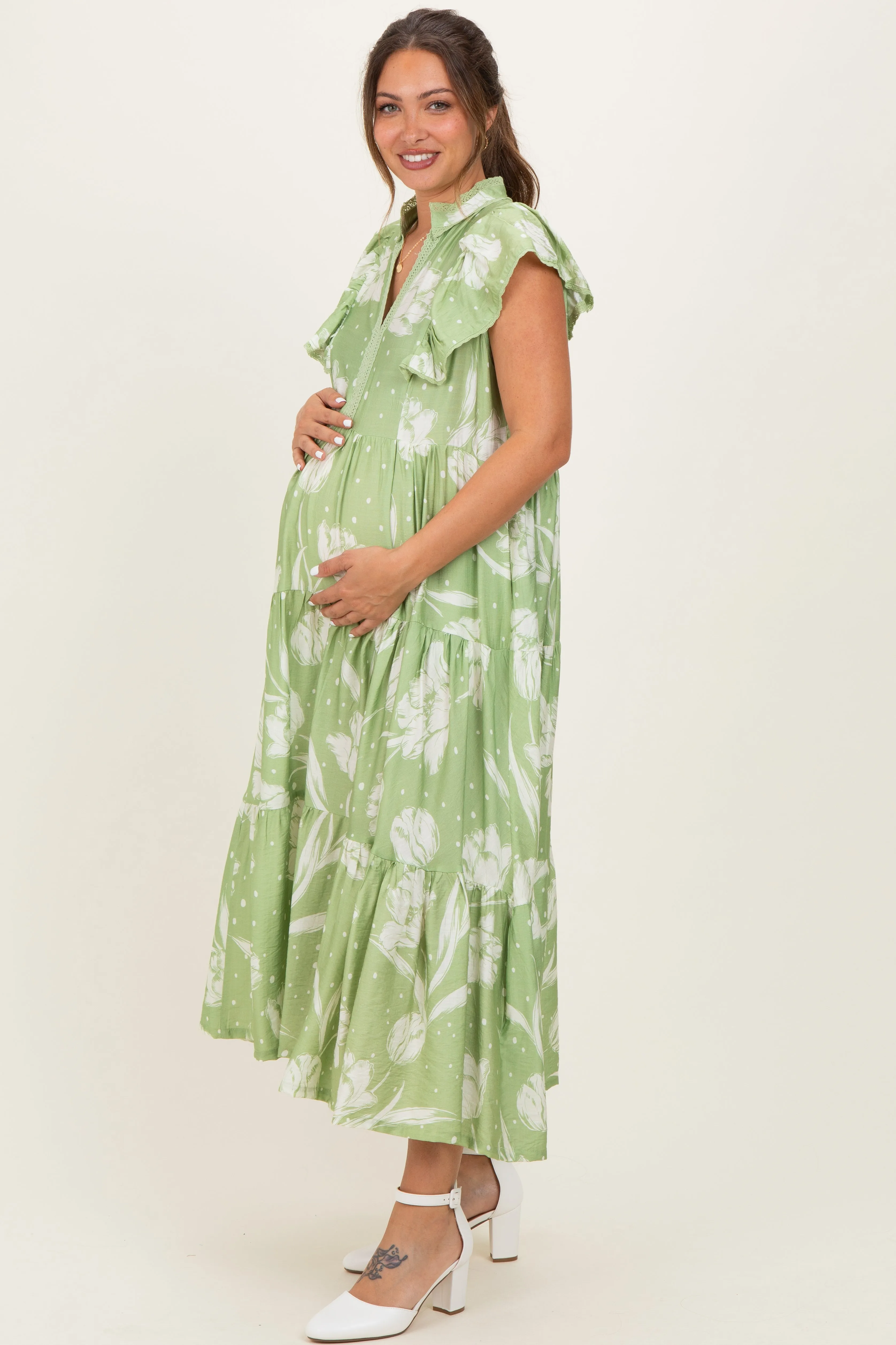 Sage Floral Crochet Lace Accent Maternity Midi Dress sold by Pinkblush product image thumbnail 3
