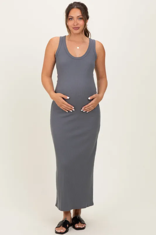 Charcoal Sleeveless Ribbed Maternity Maxi Dress sold by Pinkblush