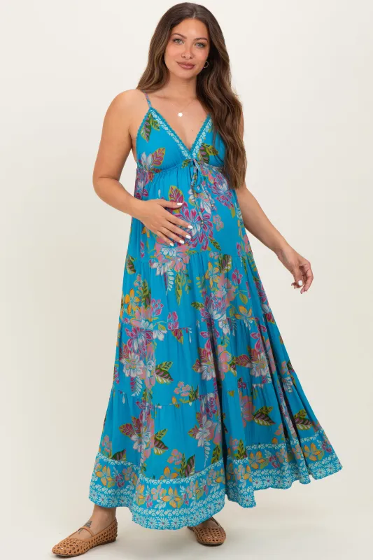 Turquoise Floral Deep V-Neck Tiered Maternity Maxi Dress sold by Pinkblush