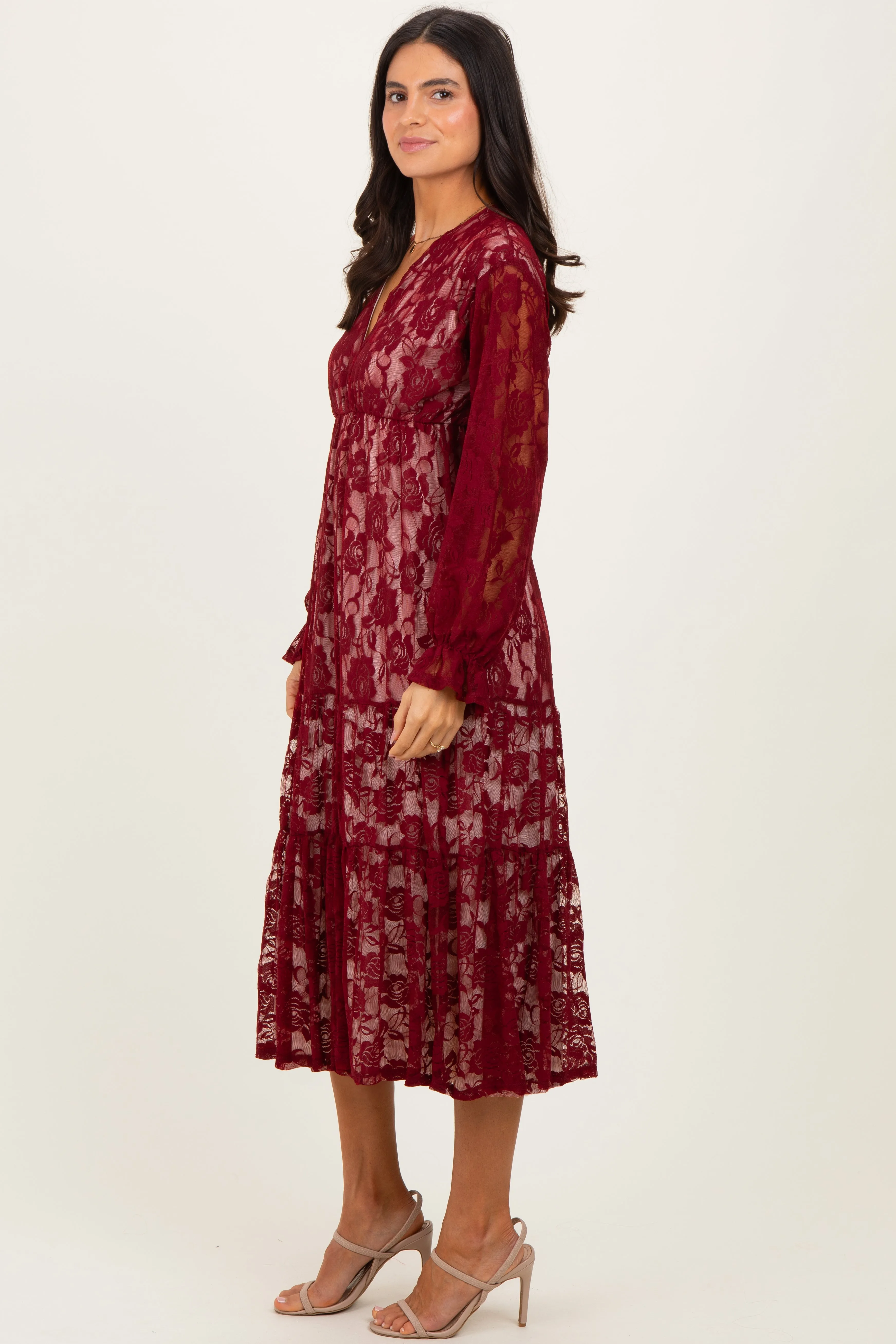 Burgundy Floral Lace Long Sleeve V-Neck Maxi Dress sold by Pinkblush product image thumbnail 3
