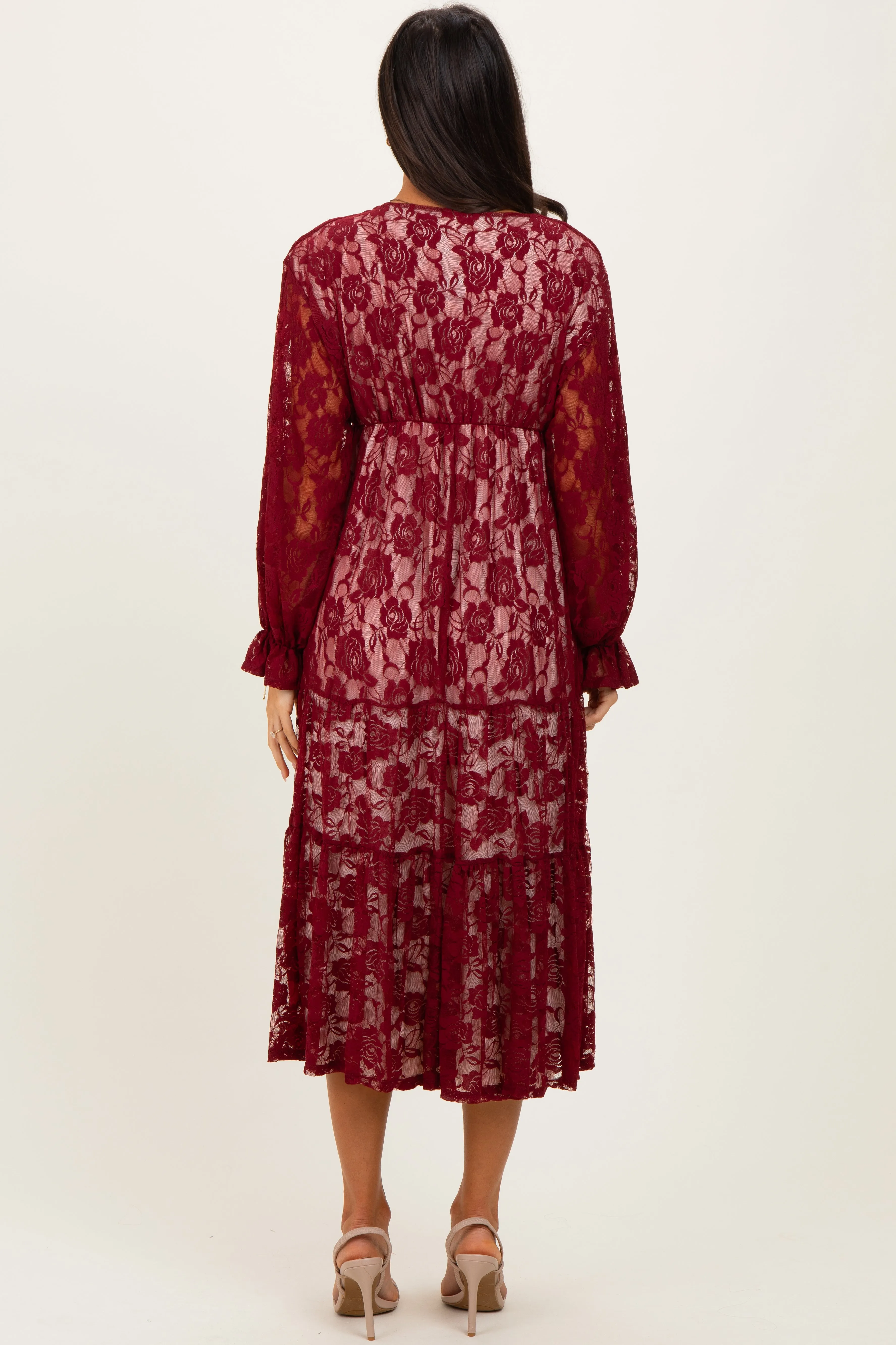 Burgundy Floral Lace Long Sleeve V-Neck Maxi Dress sold by Pinkblush product image thumbnail 4
