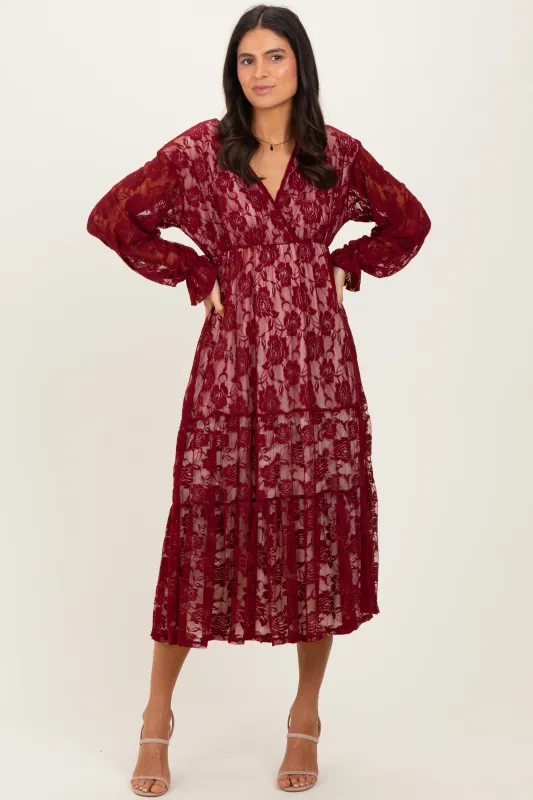 Burgundy Floral Lace Long Sleeve V-Neck Maxi Dress sold by Pinkblush