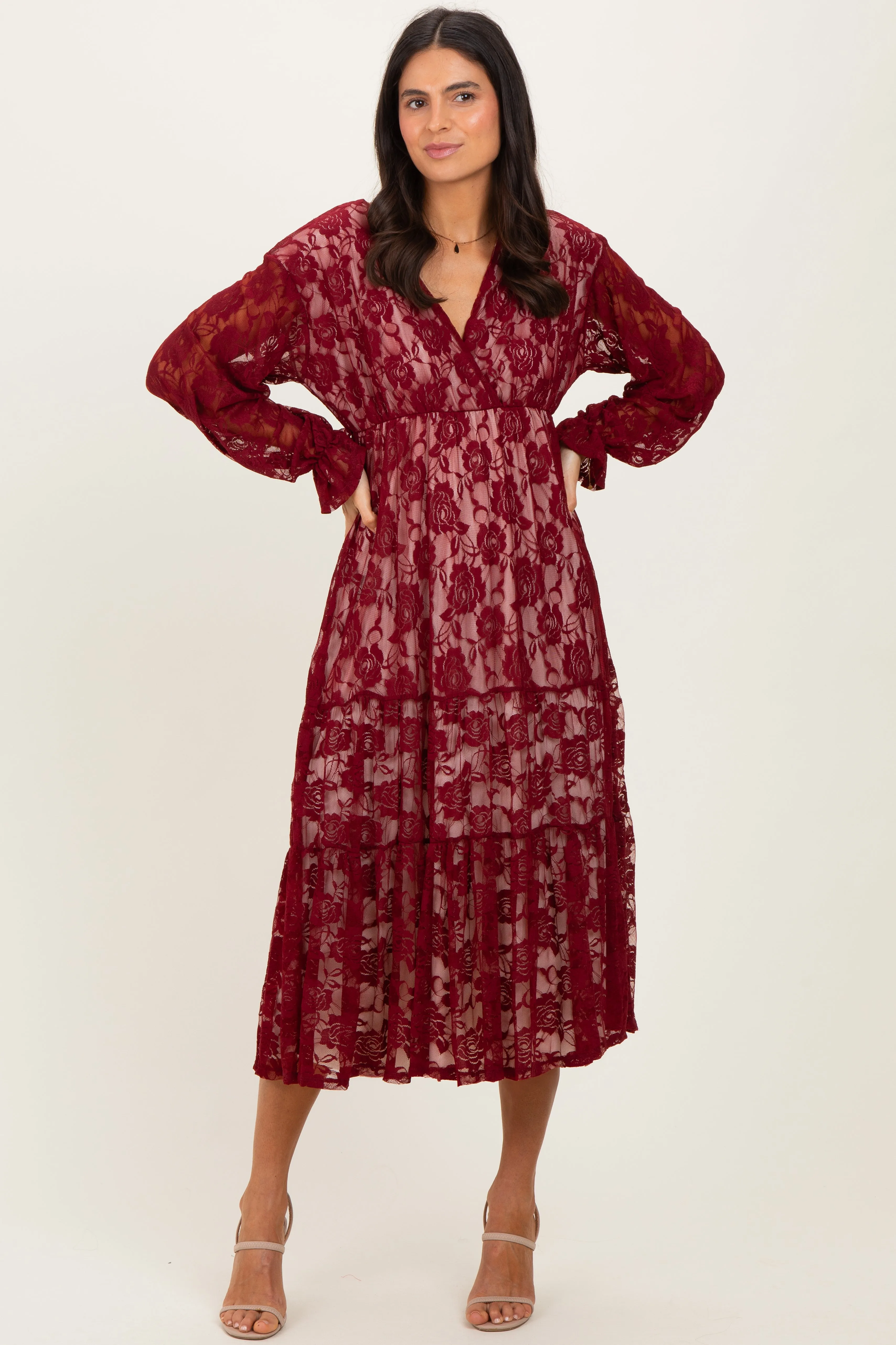 Burgundy Floral Lace Long Sleeve V-Neck Maxi Dress sold by Pinkblush