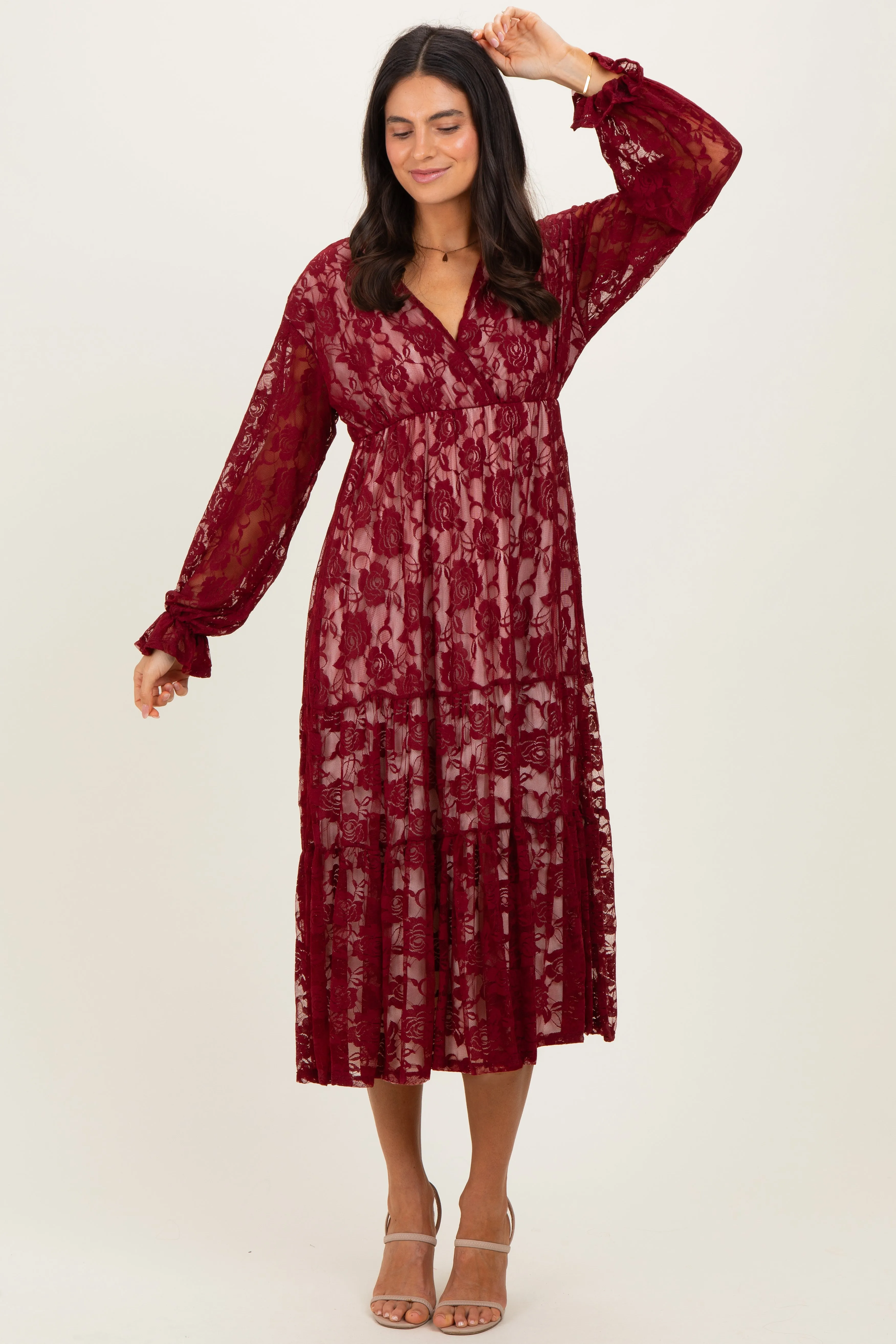 Burgundy Floral Lace Long Sleeve V-Neck Maxi Dress sold by Pinkblush product image thumbnail 2