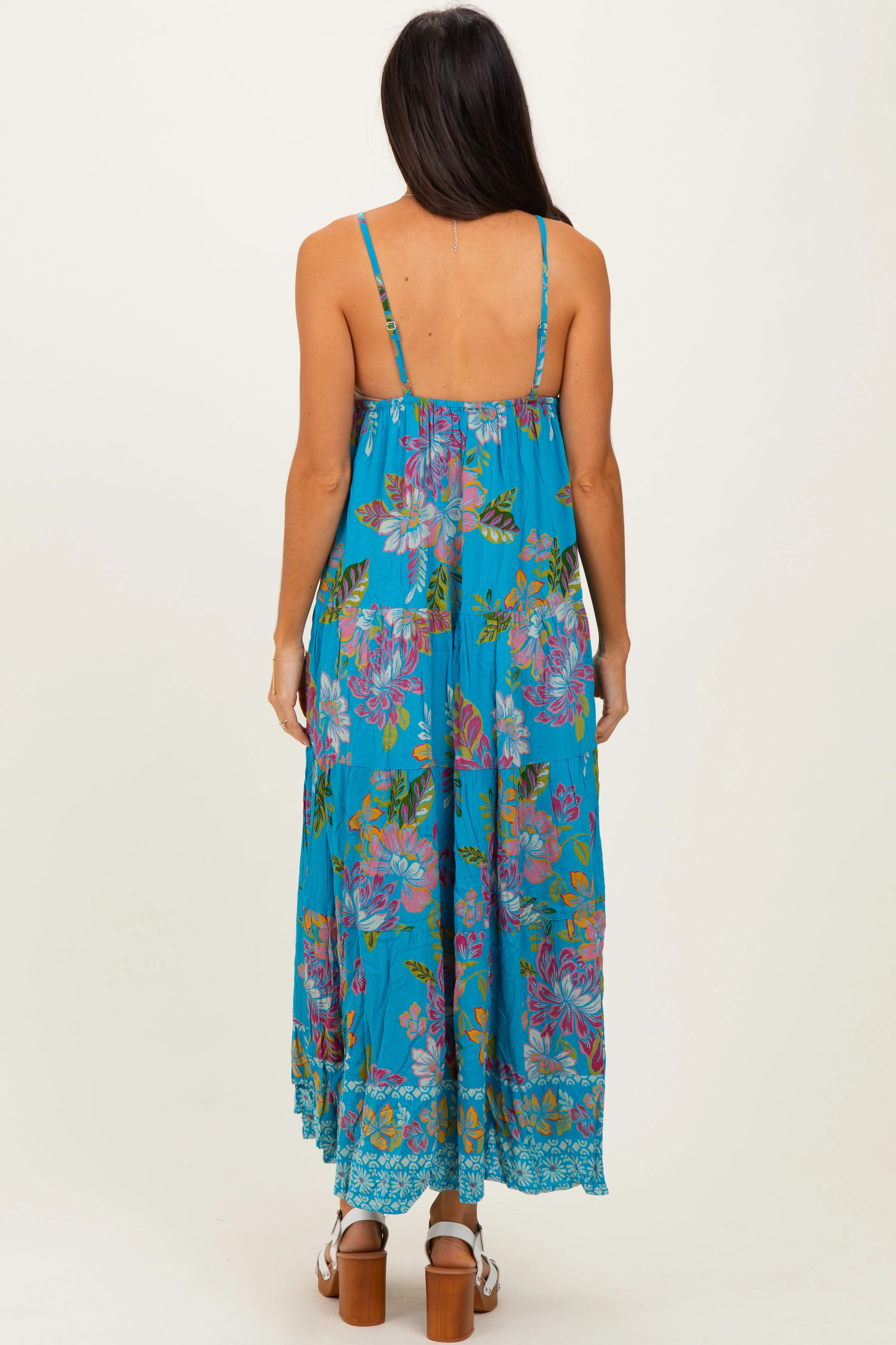 Turquoise Floral Deep V-Neck Tiered Maxi Dress sold by Pinkblush product image thumbnail 4
