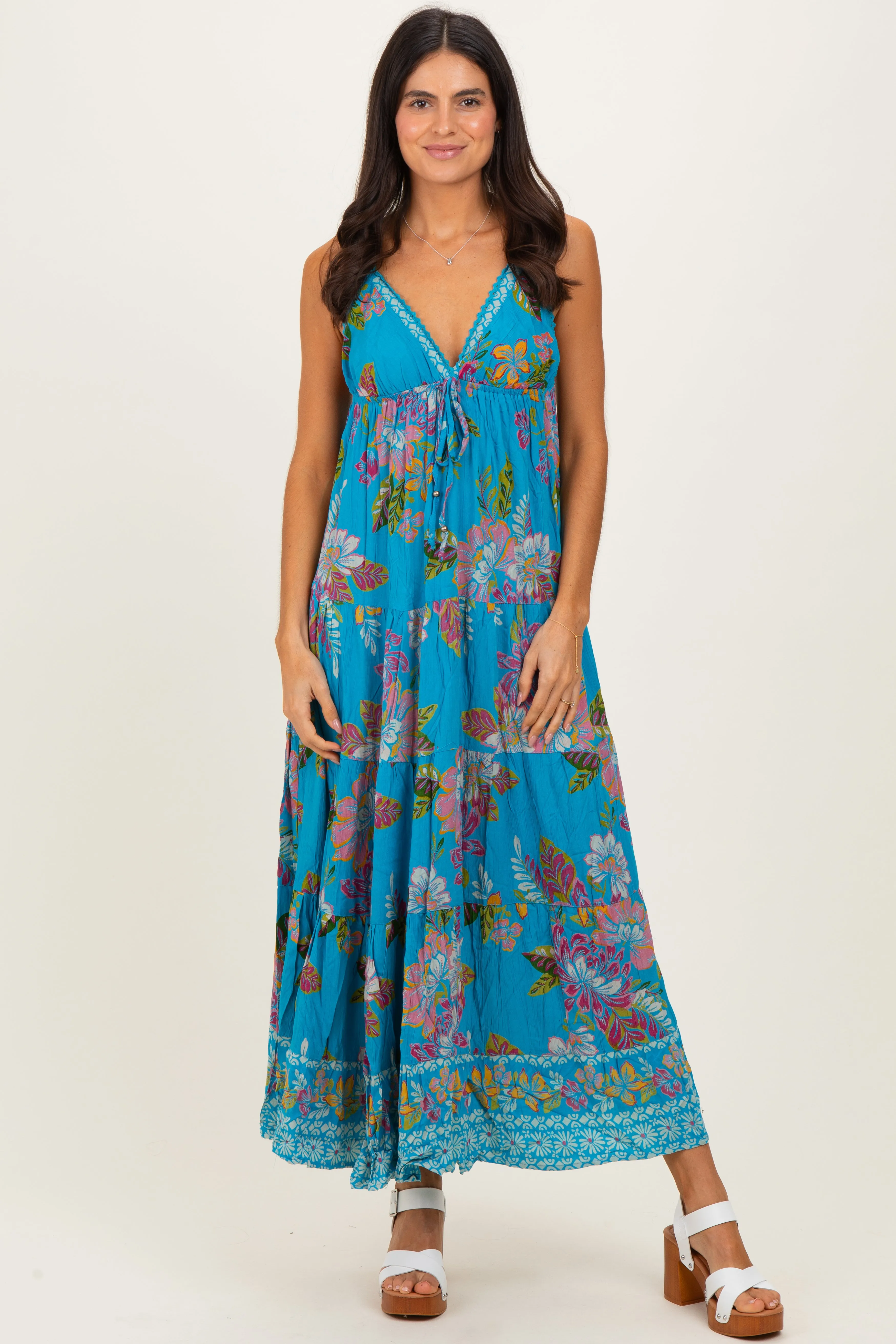 Turquoise Floral Deep V-Neck Tiered Maxi Dress sold by Pinkblush