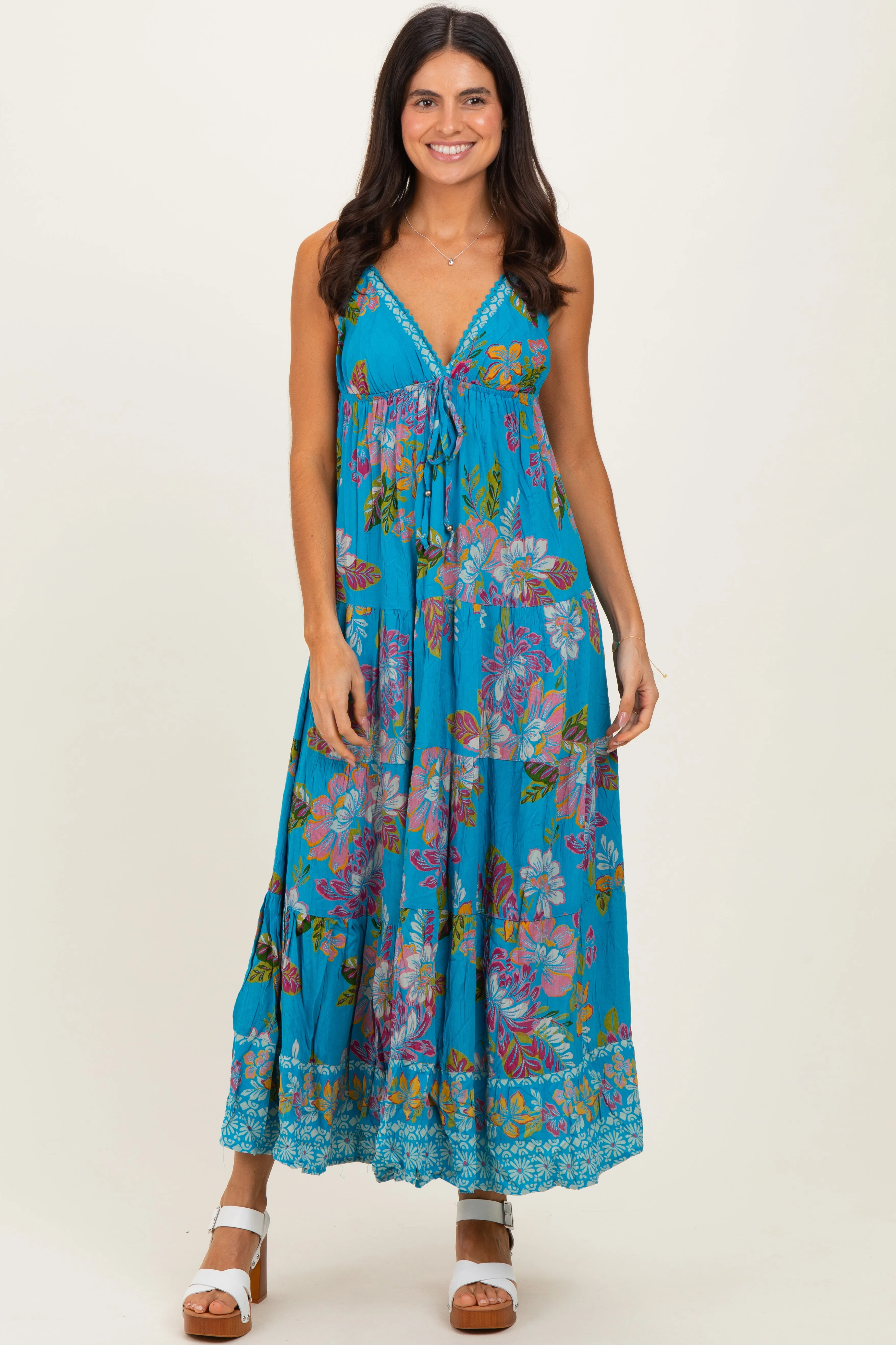 Turquoise Floral Deep V-Neck Tiered Maxi Dress sold by Pinkblush product image thumbnail 2