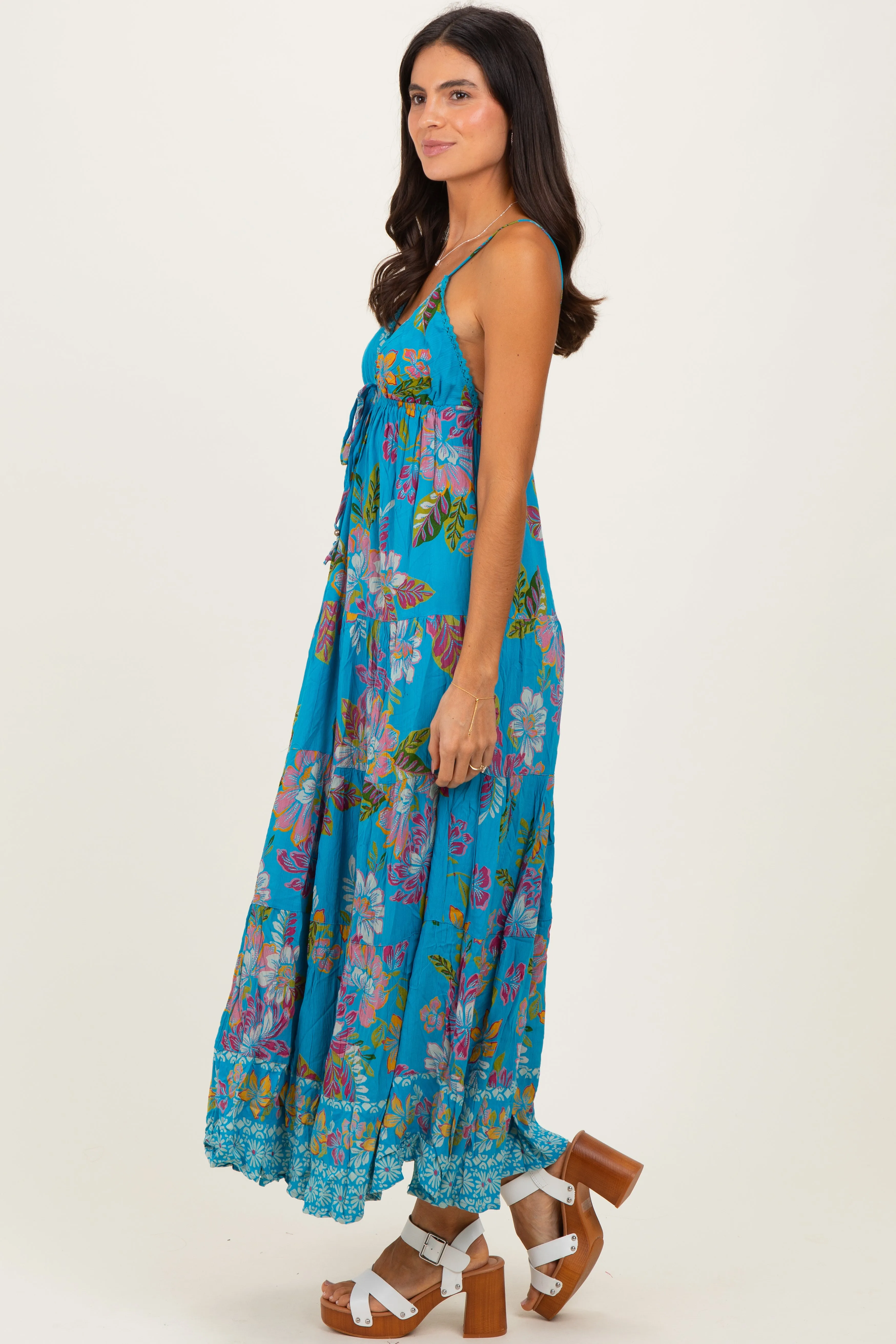 Turquoise Floral Deep V-Neck Tiered Maxi Dress sold by Pinkblush product image thumbnail 3